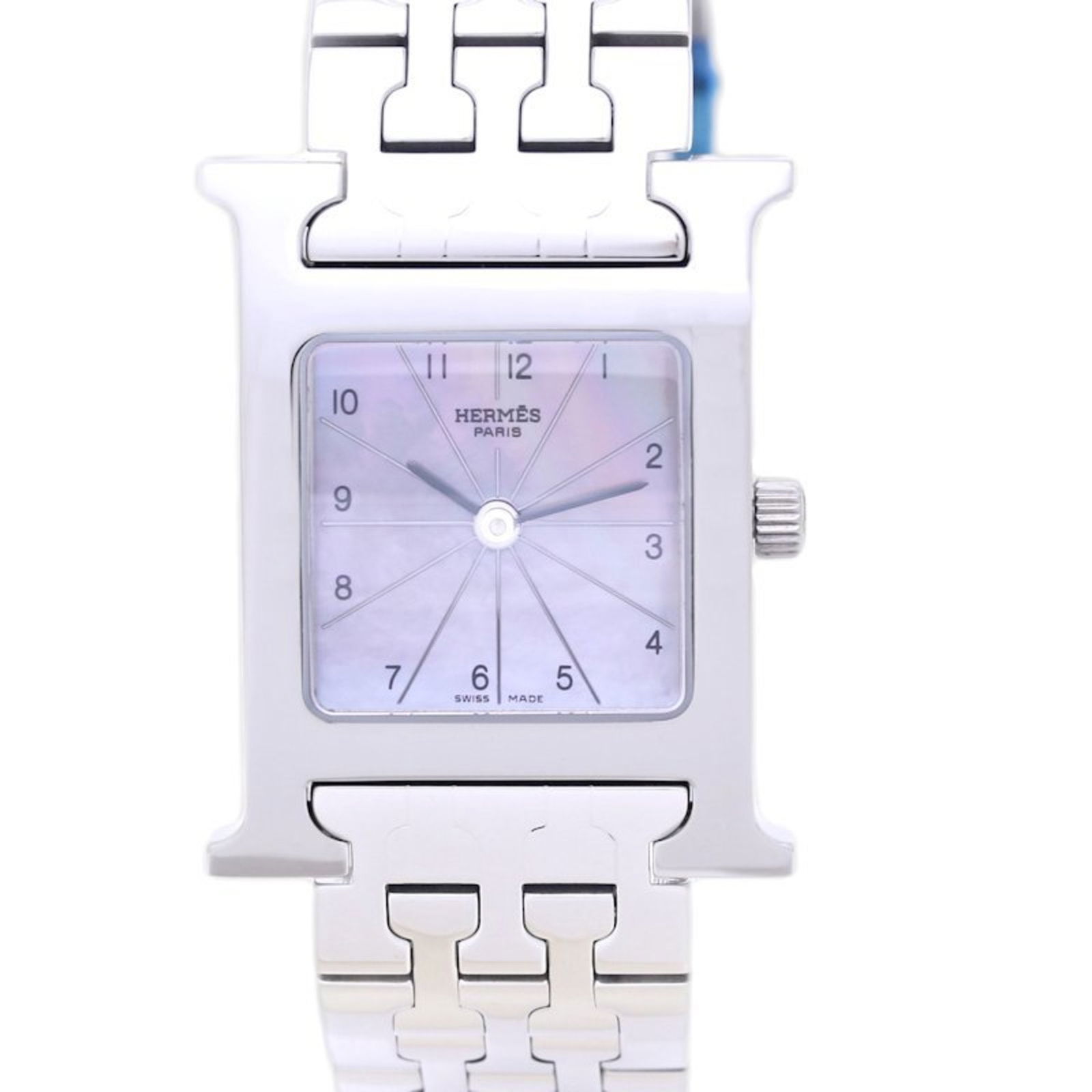 Pink Steel Hermes H Ladies Watch 21mm Swiss Made: Pink Steel Hermes H Ladies Watch 21mm Swiss Made This Hermes H watch features a pink dial and a stainless steel case and bracelet. Designed for women, it showcases a Swiss origin and a polished finish