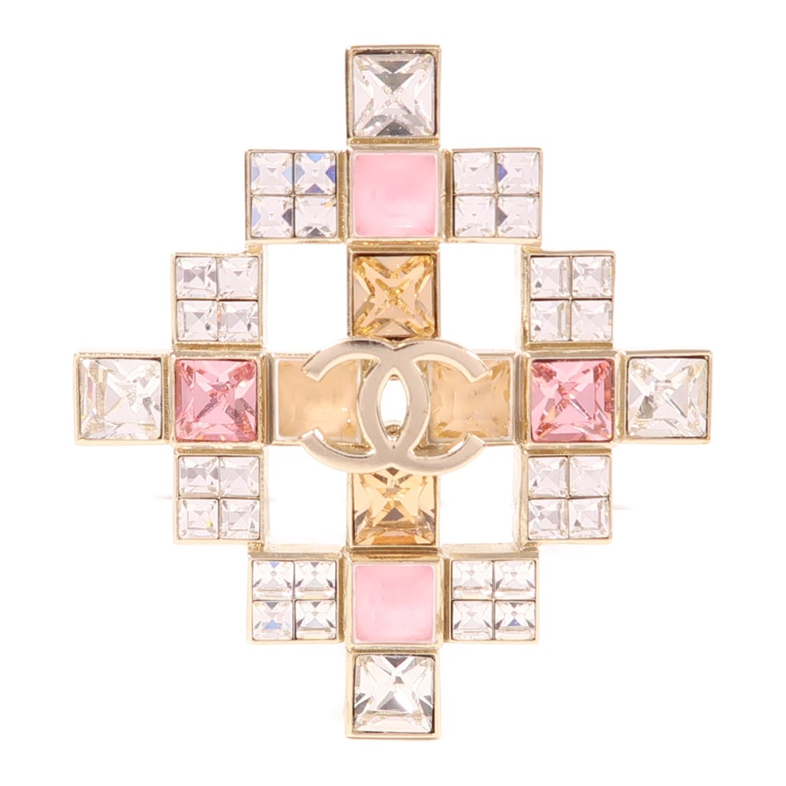 CHANEL CC Brooch in Gold and Pink Elegance: CHANEL CC Brooch in Gold and Pink Elegance This exquisite CHANEL CC Brooch combines elegance and style with its stunning gold and pink color scheme. Crafted in France, this piece showcases the iconic