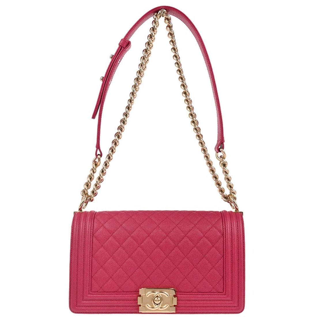 Chanel Boy Medium Pink Quilted Calfskin Chain Shoulder Bag: Chanel Boy Medium Pink Quilted Calfskin Chain Shoulder Bag This medium-sized Chanel Boy shoulder bag features pink leather with a quilted design and gold-tone hardware. The bag has a square shape, a p