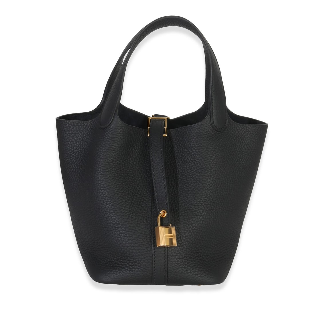 Hermes Picotin Lock 18 PM Black Clemence Leather Handbag with Gold Hardware: Hermes Picotin Lock 18 PM Black Clemence Leather Handbag with Gold Hardware This Hermes Picotin Lock 18 PM handbag features black Clemence leather with a top handle design and buckle closure. The inte