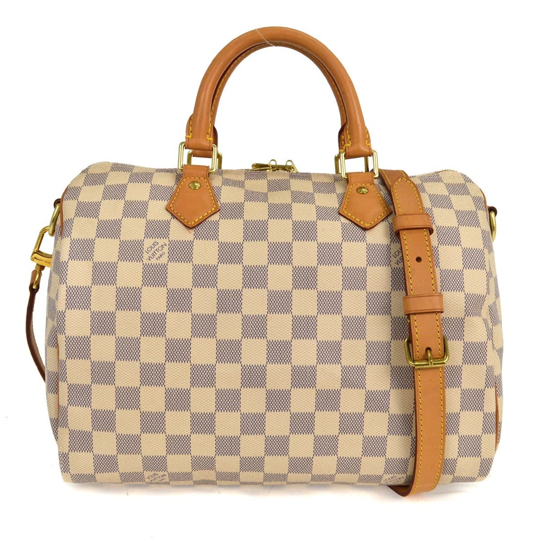 Louis Vuitton Speedy Bandouliere 30 Damier Azur Canvas Medium Duffle Bag: Louis Vuitton Speedy Bandouliere 30 Damier Azur Canvas Medium Duffle Bag This Louis Vuitton Speedy Bandouliere 30 handbag features the signature Damier Azur canvas in white. The medium-sized duffle st
