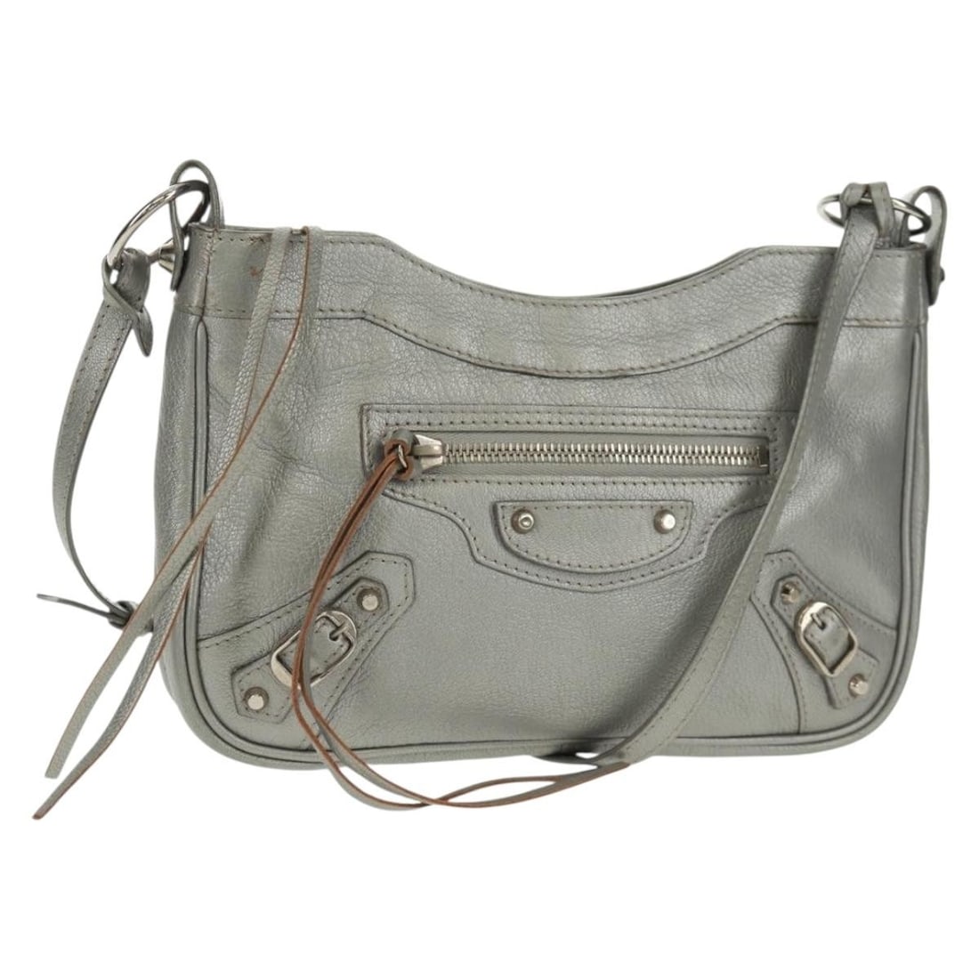 Balenciaga Hip Silver Leather Shoulder Bag with Dust Bag: Balenciaga Hip Silver Leather Shoulder Bag with Dust Bag This Balenciaga The Hip shoulder bag features a sleek silver leather exterior and a compact design. Made in Italy, it comes with an adjustable