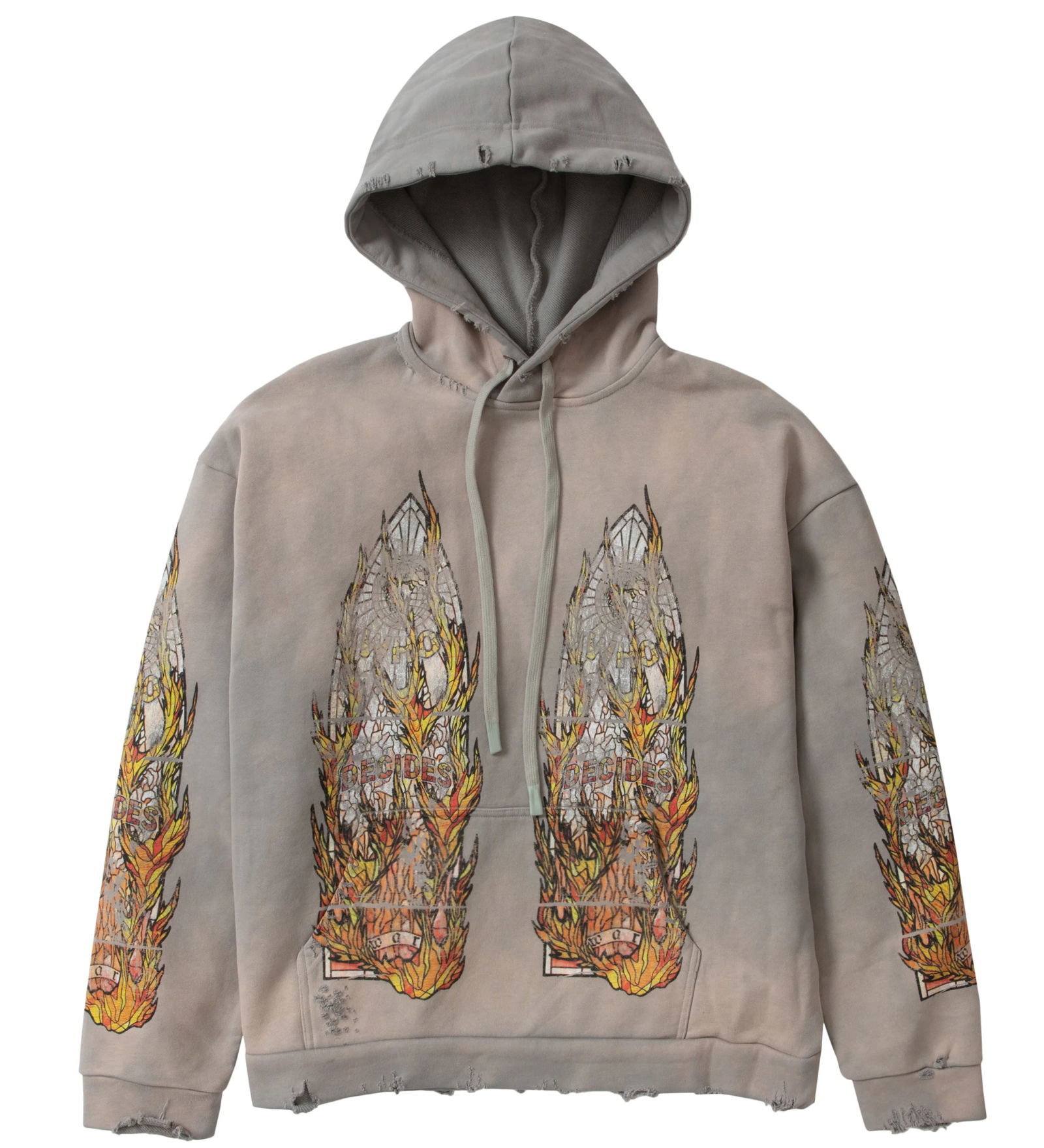 Flame Glass Distressed Grey Hoodie by Who Decides War Size Small: Flame Glass Distressed Grey Hoodie by Who Decides War Size Small The Who Decides War Flame Glass Distressed Grey Hoodie showcases the brand's flame-glass motif printed across the chest, sleeves, and b