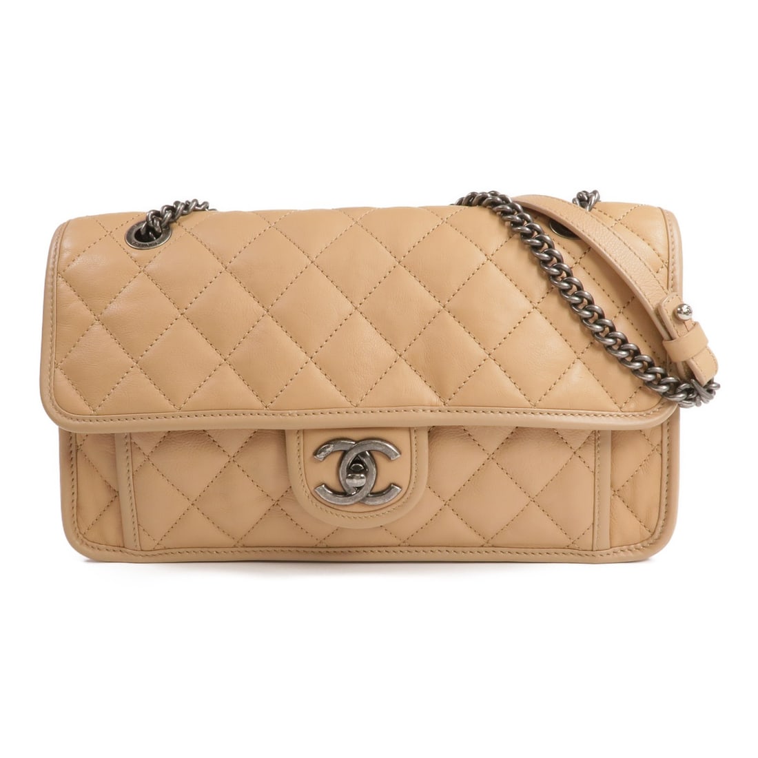 Beige Calfskin Leather Shoulder Bag by CHANEL with Silver CC Hardware (1 of 18)