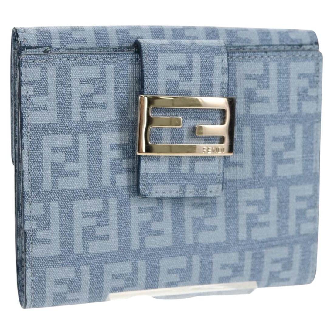 Light Blue Zucchino Canvas Compact Wallet by Fendi with Gold Accents: Light Blue Zucchino Canvas Compact Wallet by Fendi with Gold Accents This FENDI Zucchino Canvas compact wallet features a light blue and gold color scheme. Crafted in Italy, it is made from durable Zu