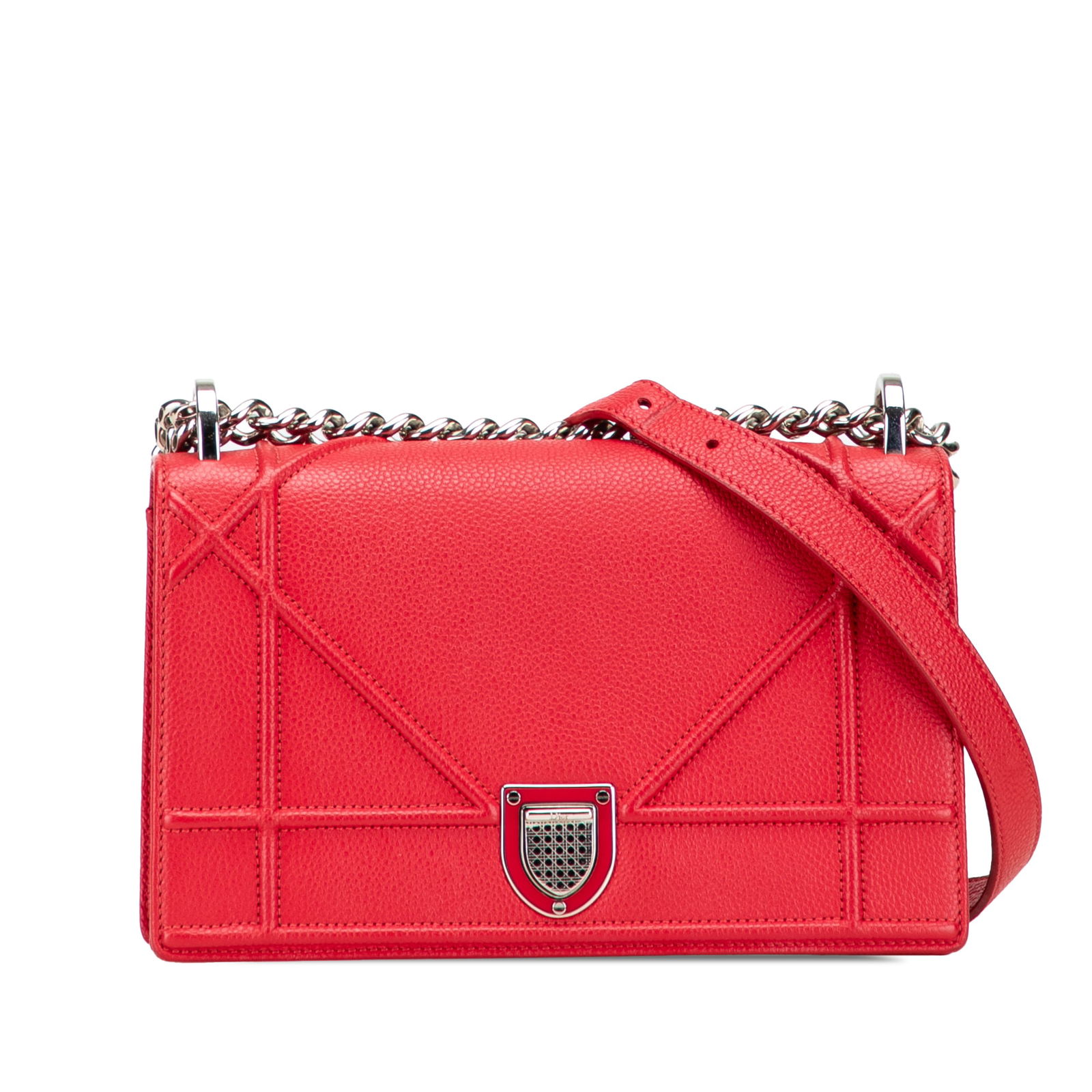 Dior Small Grained Calfskin Diorama Flap Red Leather Bag: Dior Small Grained Calfskin Diorama Flap Red Leather Bag Introducing the Small Grained Calfskin Diorama Flap, a stylish and functional handbag from Dior. This exquisite bag features a luxurious red le