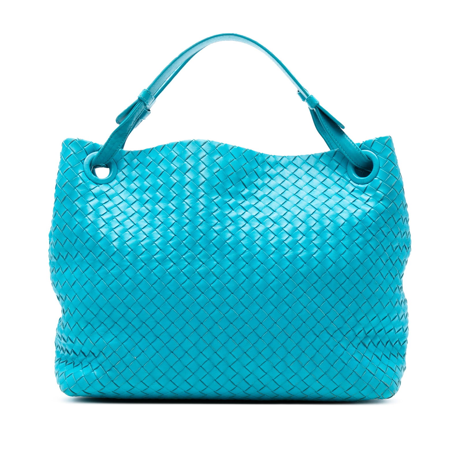Bottega Veneta Blue Medium Nappa Intrecciato Garda Tote Bag: Bottega Veneta Blue Medium Nappa Intrecciato Garda Tote Bag Elevate your accessory collection with the Bottega Veneta Medium Nappa Intrecciato Garda Tote. This exquisite tote bag showcases a distincti
