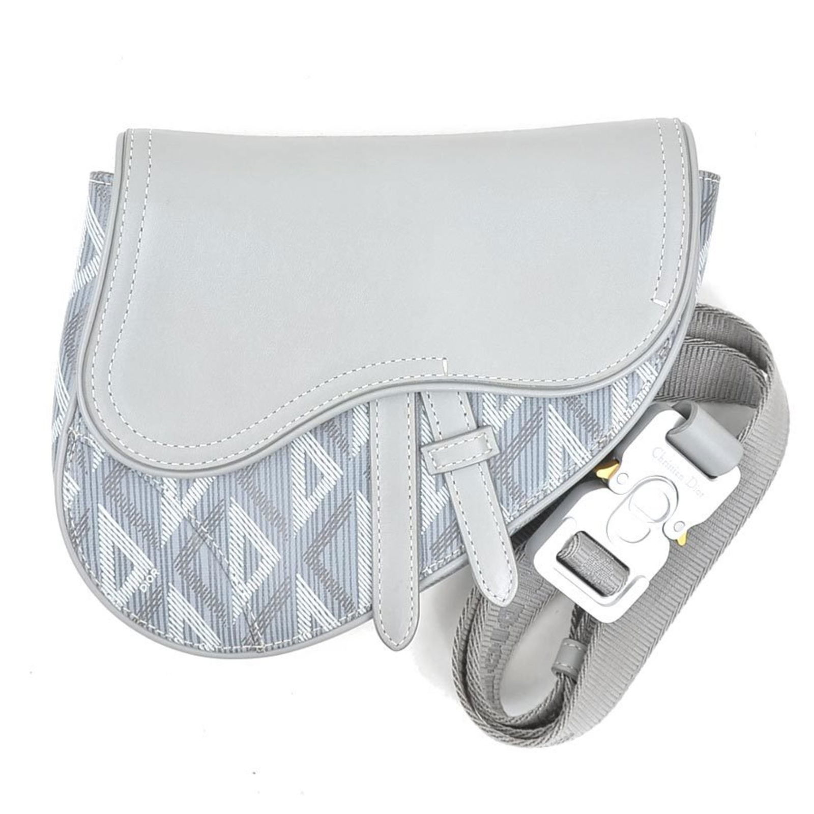 Grey Leather Dior Saddle Bag for Men: Grey Leather Dior Saddle Bag for Men This Dior Saddle bag features a grey leather exterior and is designed for men. It showcases the iconic Saddle model with metal fittings. The bag is made in Italy a