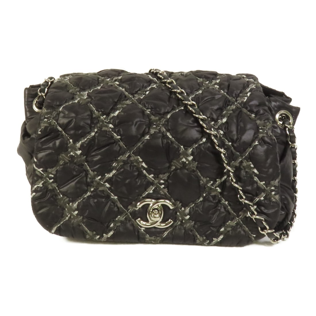 CHANEL Black Nylon Chain Shoulder Bag with Silver Hardware (1 of 14)