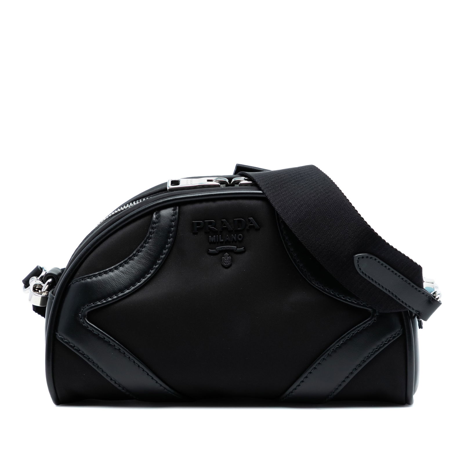 Prada Tessuto Bowling Bag with Soft Calf Leather Trim and Crossbody Strap: Prada Tessuto Bowling Bag with Soft Calf Leather Trim and Crossbody Strap This Prada Soft Calf Trimmed Tessuto Bowling Crossbody showcases a nylon body accented with leather trim, a flat strap for com