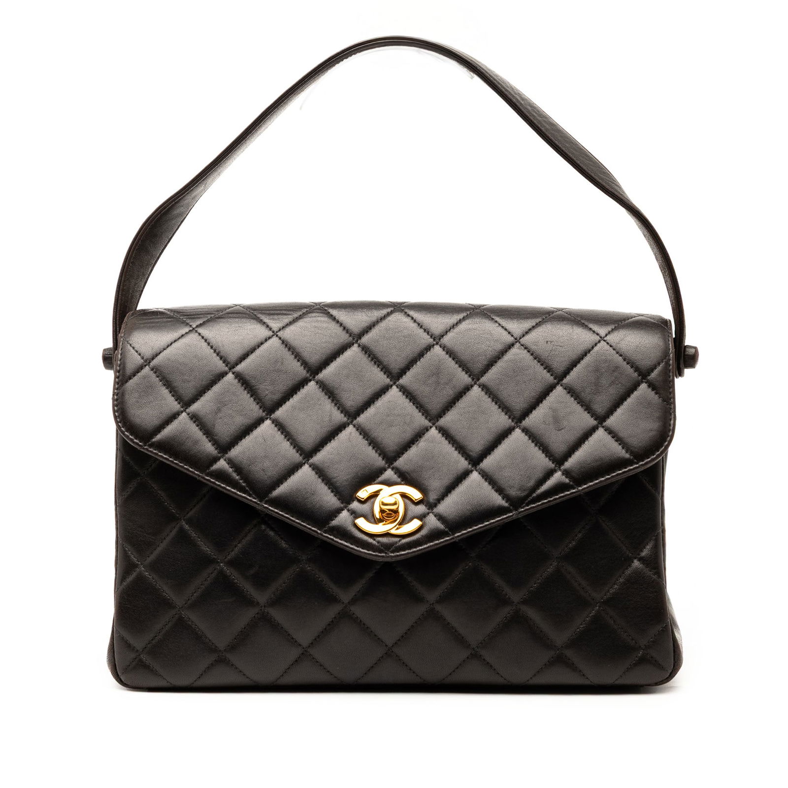 Chanel CC Quilted Lambskin Black Handbag with Flap Closure: Chanel CC Quilted Lambskin Black Handbag with Flap Closure This Chanel CC Quilted Lambskin Handbag showcases a luxurious quilted lambskin leather body in a classic black hue. It features a flat leathe
