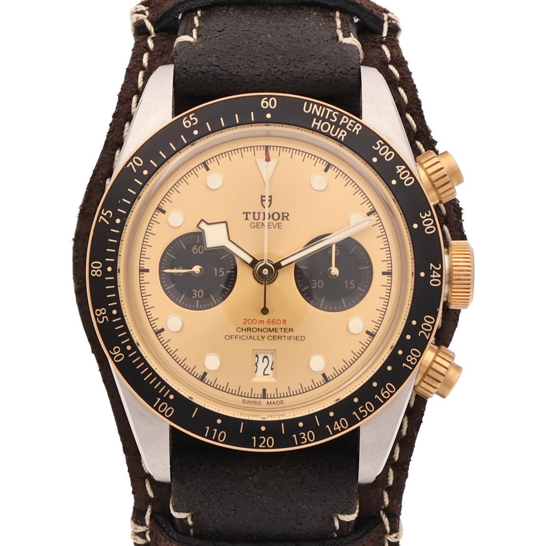TUDOR Black Bay Chronograph 79363N Gold and Stainless Steel Automatic Watch: TUDOR Black Bay Chronograph 79363N Gold and Stainless Steel Automatic Watch This TUDOR Black Bay Chrono S&G 79363N automatic wristwatch features an 18K yellow gold case and band. The gold-tone dial an
