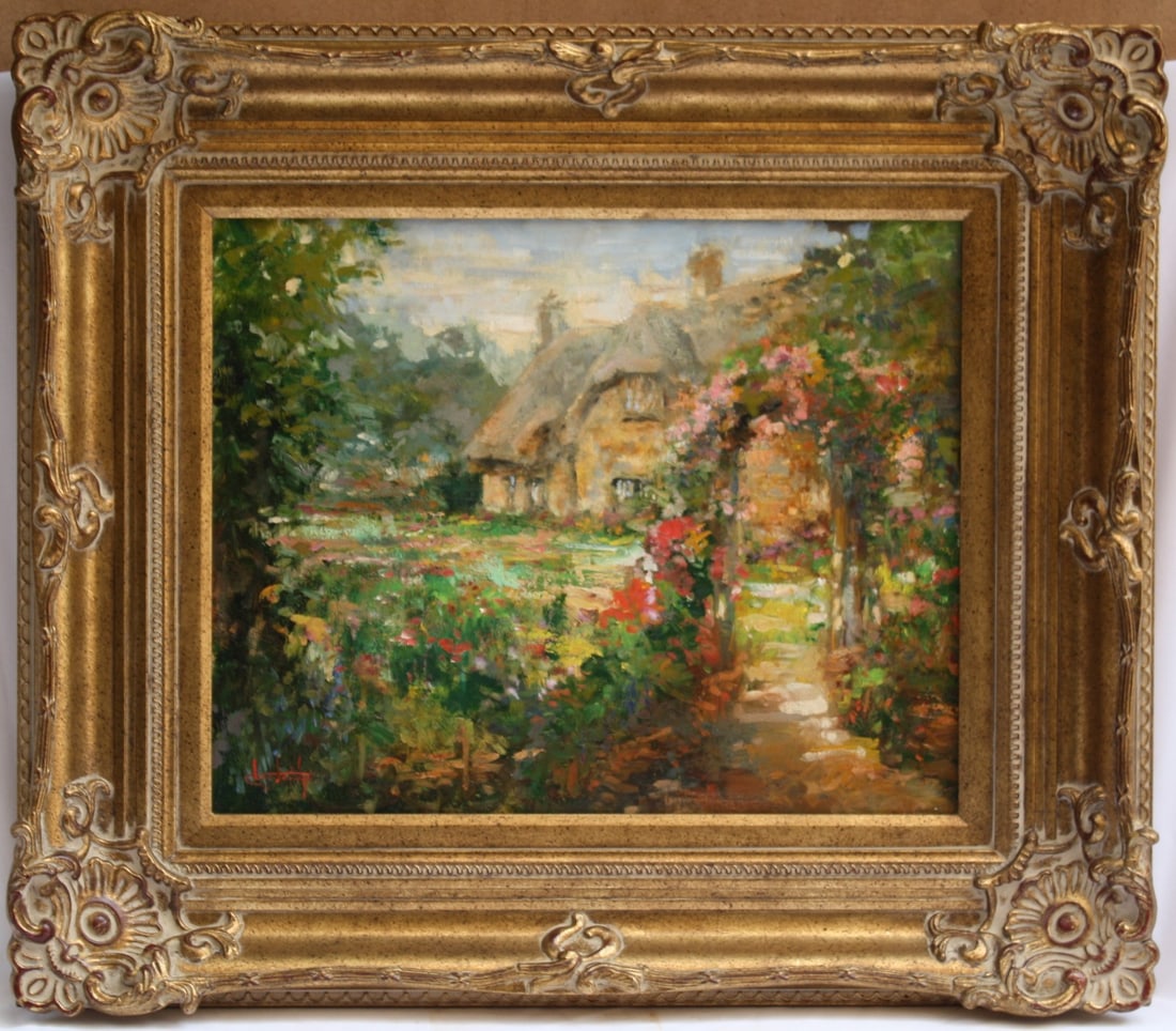 Charming Oil Painting of Woods Cottage by Leidy Carter Framed 2001: Charming Oil Painting of Woods Cottage by Leidy Carter Framed 2001 This exquisite oil painting on canvas features a charming depiction of a little woods cottage, created by the notable New York artist