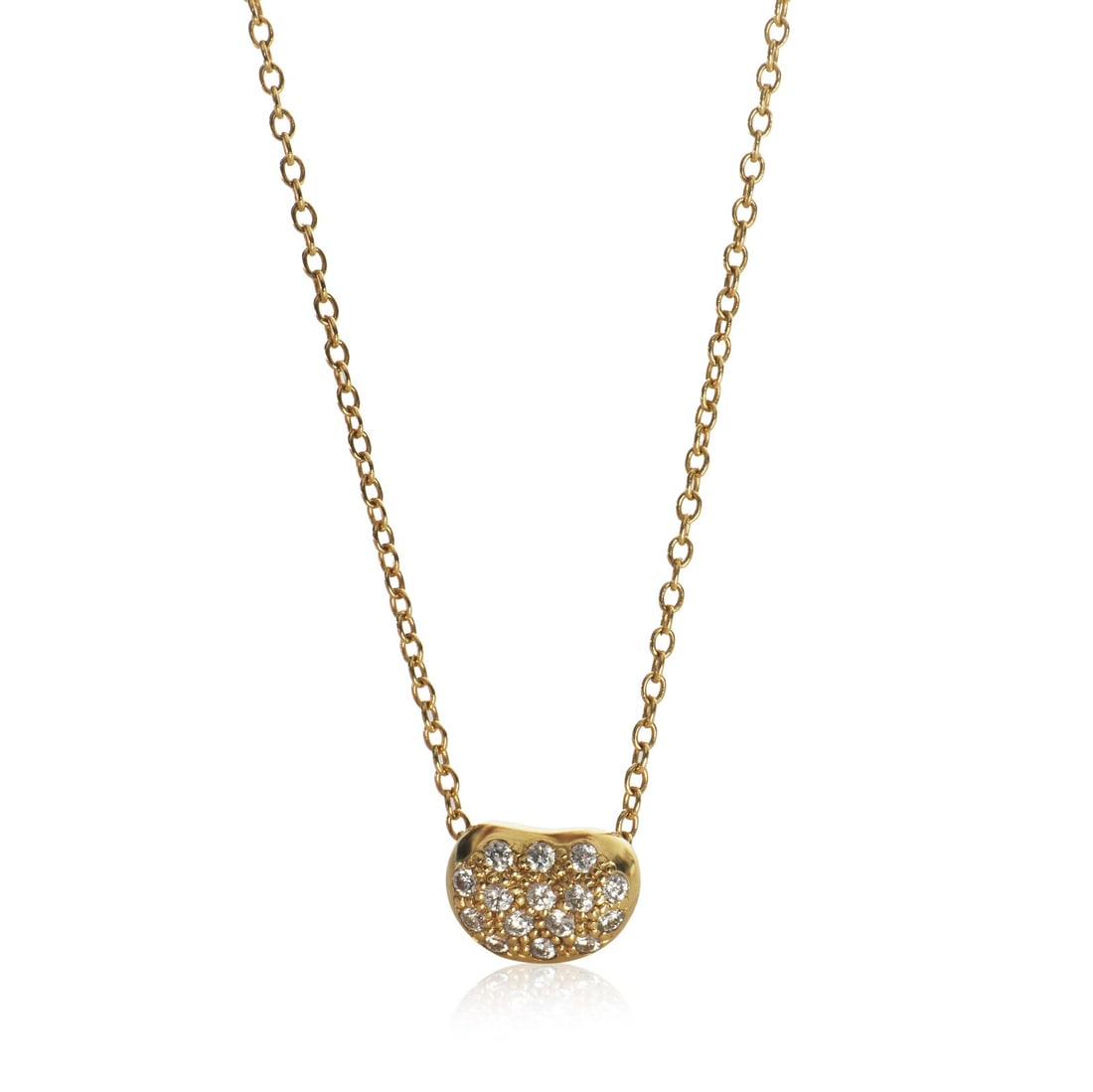 Elsa Peretti Bean Pendant in 18k Yellow Gold with Diamonds by Tiffany & Co.: Elsa Peretti Bean Pendant in 18k Yellow Gold with Diamonds by Tiffany & Co. This Tiffany & Co. Elsa Peretti Bean pendant features a round brilliant diamond set in 18k yellow gold. The necklace measure