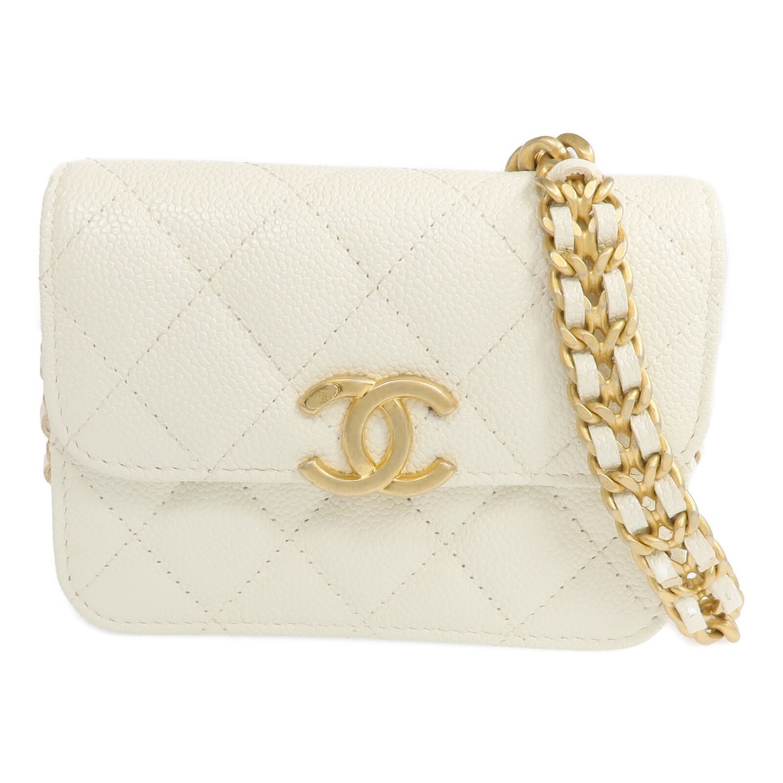 Chanel White Calfskin CC Chain Shoulder Bag with Gold Hardware: Chanel White Calfskin CC Chain Shoulder Bag with Gold Hardware This CHANEL CC shoulder bag is crafted from white calfskin leather and features gold-tone hardware. Made in France, it offers a compact d