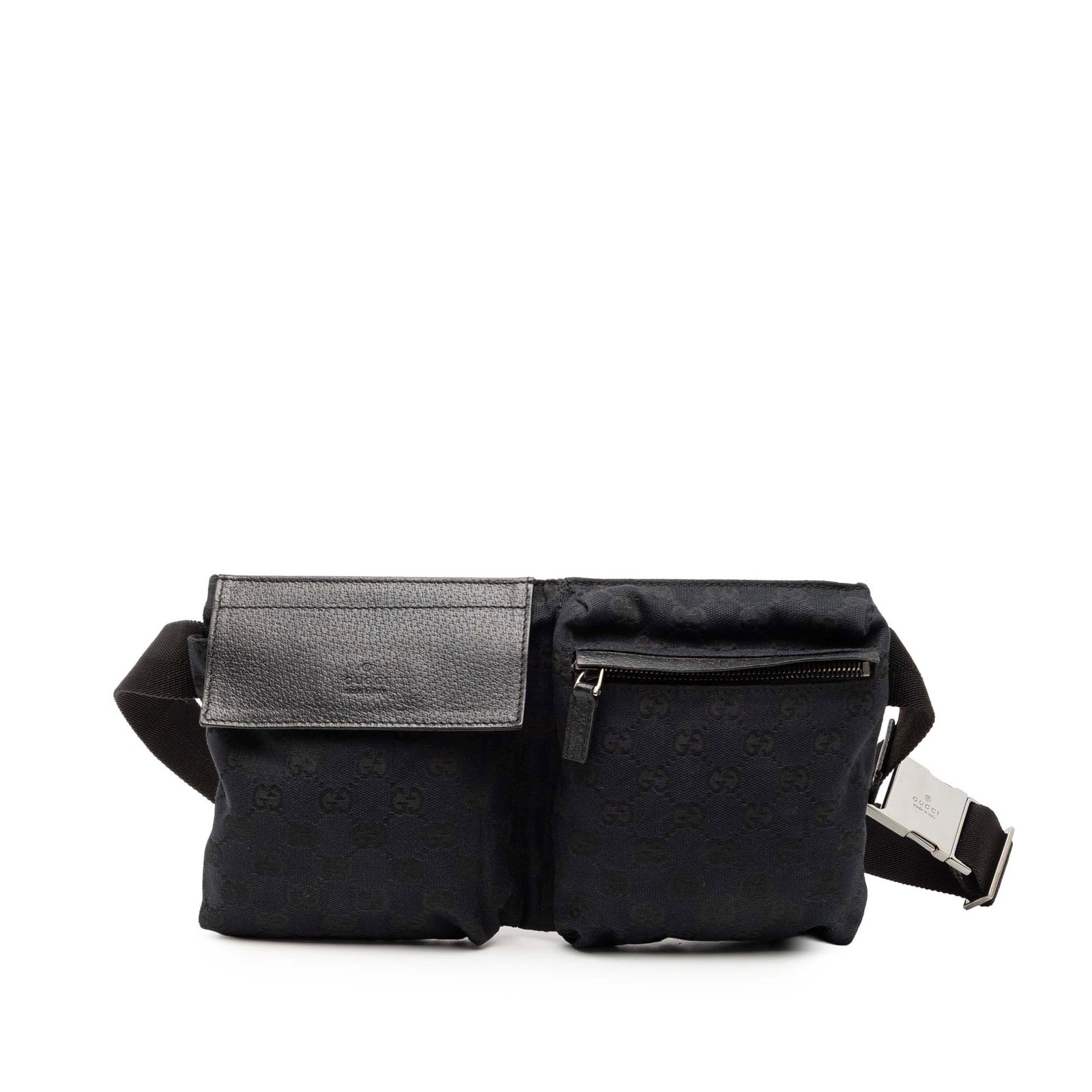 Gucci GG Canvas Belt Bag with Dual Front Pockets and Leather Trim: Gucci GG Canvas Belt Bag with Dual Front Pockets and Leather Trim This Gucci GG Canvas Double Pocket Belt Bag features a blue canvas body with leather trim, a flat canvas belt strap, front flap and zi