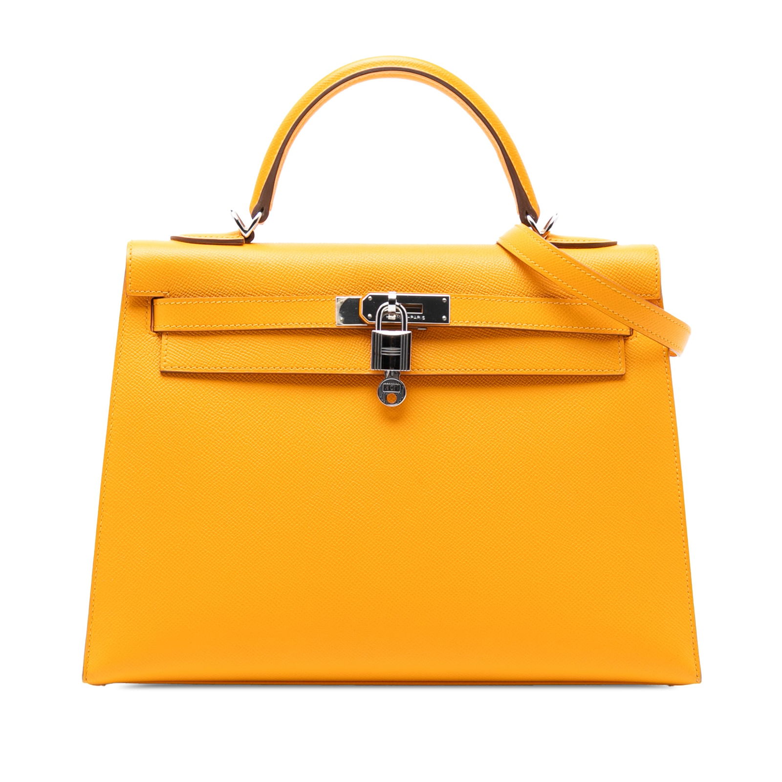 Hermes Epsom Kelly II Sellier 32 in Jaune D'or Leather: Hermes Epsom Kelly II Sellier 32 in Jaune D'or Leather Discover the elegance of the Hermes Epsom Kelly II Sellier 32, a luxurious handbag crafted from premium Epsom leather in a stunning Jaune D'or co
