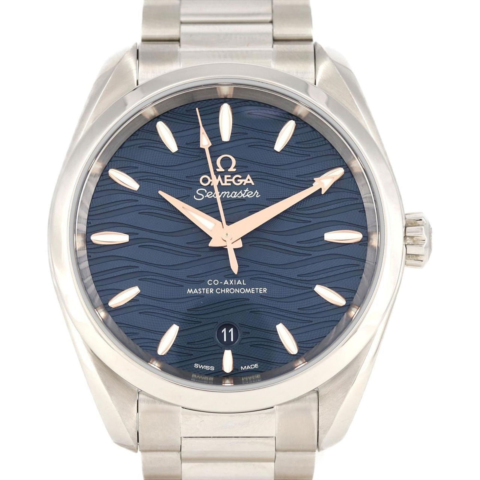 Steel wristwatch with blue dial Omega Seamaster Aquaterra 38mm case: Steel wristwatch with blue dial Omega Seamaster Aquaterra 38mm case This Omega Seamaster Aquaterra features a blue dial and a stainless steel case and bracelet. The case measures 38mm in diameter, and