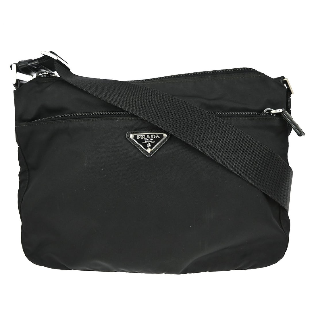 Prada Nylon and Leather Black Shoulder Bag Medium Size: Prada Nylon and Leather Black Shoulder Bag Medium Size This Prada shoulder bag combines functionality and style, making it perfect for casual occasions. Crafted from a durable combination of leather a
