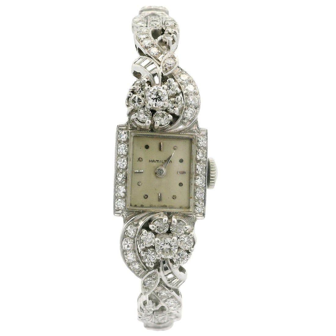 Hamilton Vintage Platinum Diamond Watch 3.18ctw Round Baguette: Hamilton Vintage Platinum Diamond Watch 3.18ctw Round Baguette This Vintage Platinum Hamilton watch features a stunning combination of round and baguette cut diamonds, totaling approximately 3.18 cara