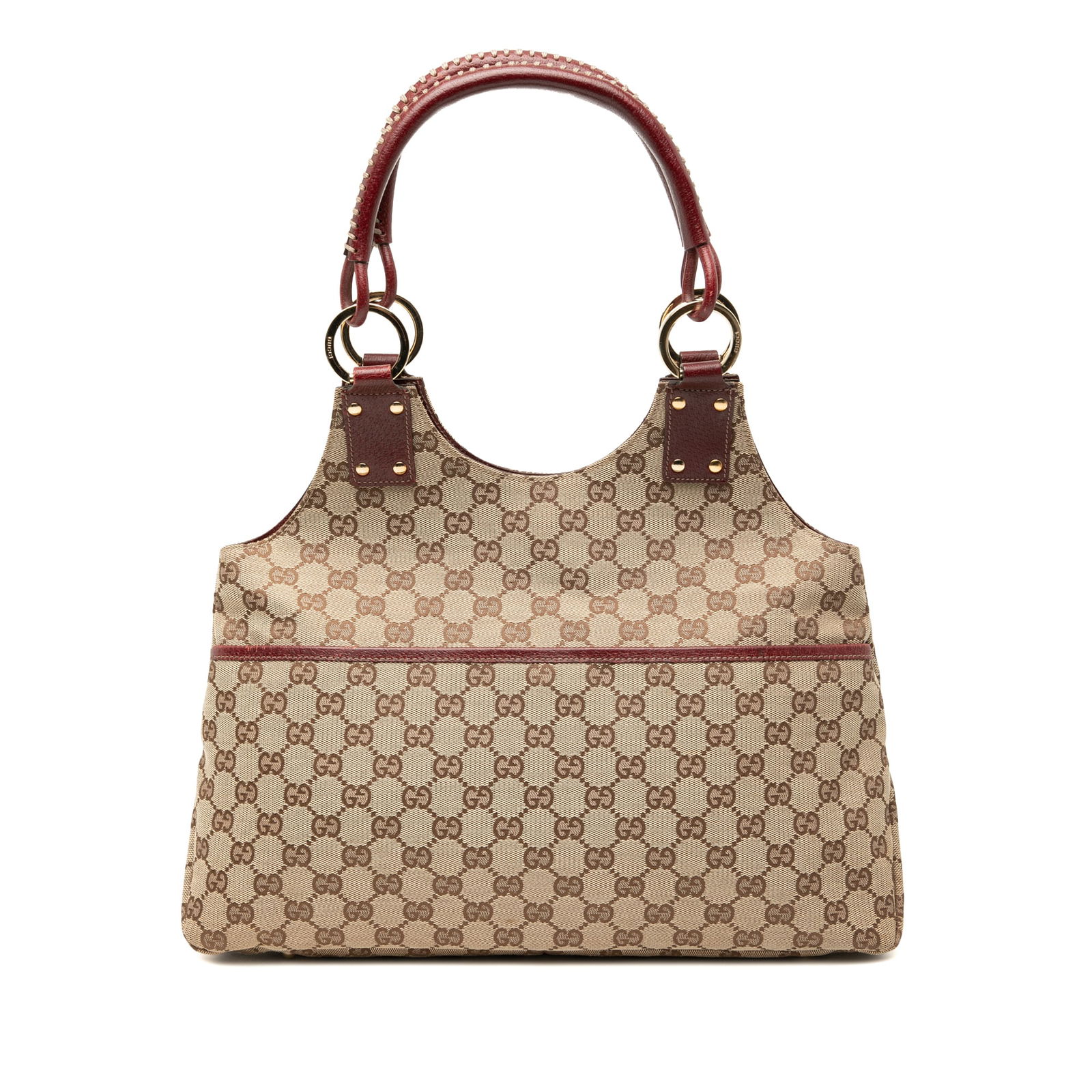 Brown Gucci GG Canvas Shoulder Bag with Leather Trim and Front Pocket: Brown Gucci GG Canvas Shoulder Bag with Leather Trim and Front Pocket This Gucci GG Canvas Shoulder Bag features a canvas body with leather trim, rolled leather handles, an open top, an exterior front