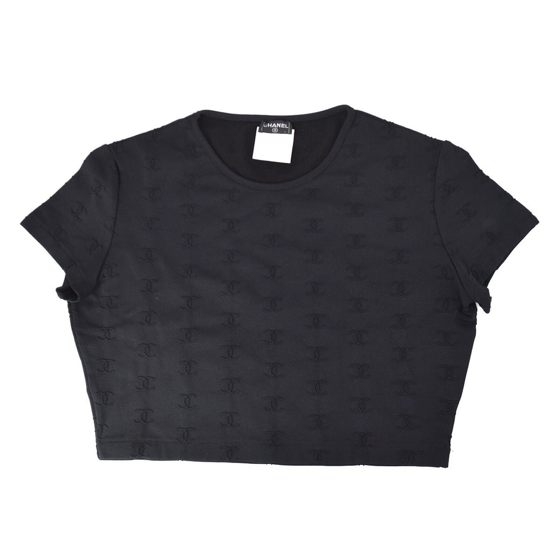 Chanel Cropped Black T-Shirt Size 42 Short Sleeve Top: Chanel Cropped Black T-Shirt Size 42 Short Sleeve Top Elevate your wardrobe with this stylish cropped round neck short sleeve top from Chanel. This classic black T-shirt is crafted with a blend of 90.