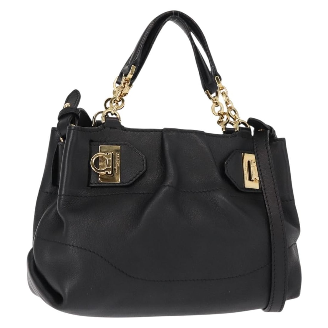 Salvatore Ferragamo Gancini Leather Hand Bag Black Gold Authentic 148032: Salvatore Ferragamo Gancini Leather Hand Bag Black Gold Authentic 148032 Elevate your accessory collection with this elegant Salvatore Ferragamo Gancini Hand Bag, crafted from premium black leather wi