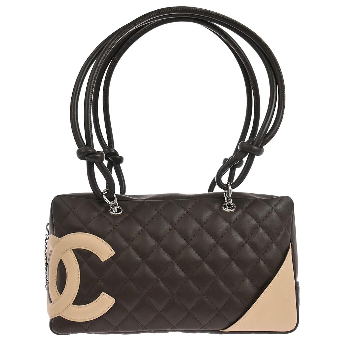Cambon Ligne Bowling Top Handle Bag in Brown Calfskin Leather by Chanel: Cambon Ligne Bowling Top Handle Bag in Brown Calfskin Leather by Chanel This Chanel Cambon Ligne Bowling Bag features a brown quilted calfskin leather exterior with a matelasse pattern and silver-tone
