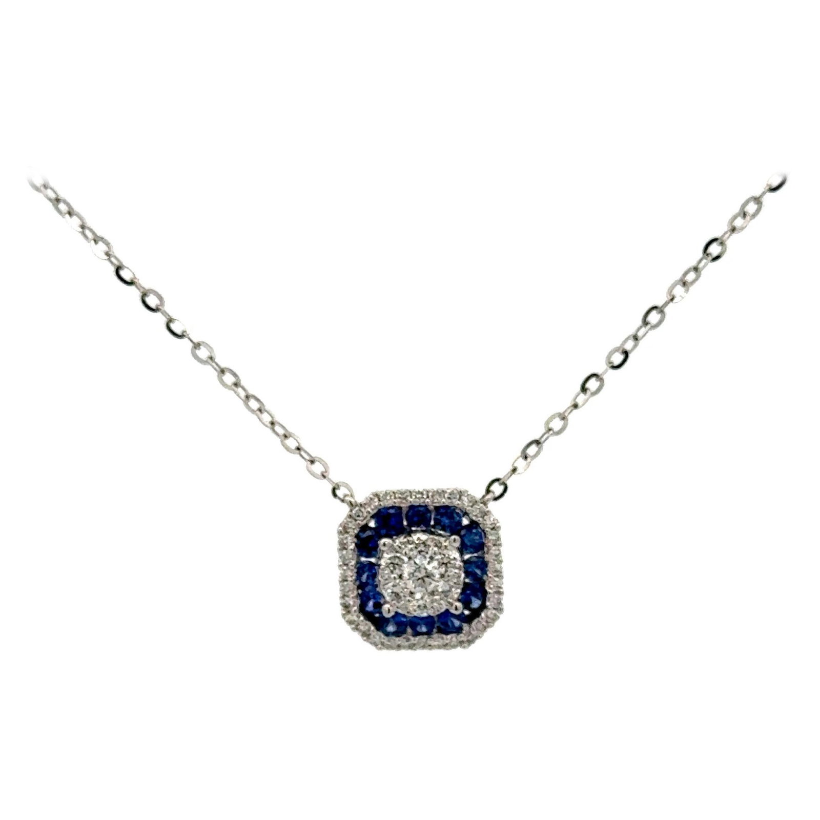 Art Deco Sapphire Diamond Pendant Necklace 18K White Gold 0.65 ct: Art Deco Sapphire Diamond Pendant Necklace 18K White Gold 0.65 ct Experience timeless elegance with this exquisite Art Deco-inspired pendant necklace, crafted in 18K white gold. At its core, a stunnin