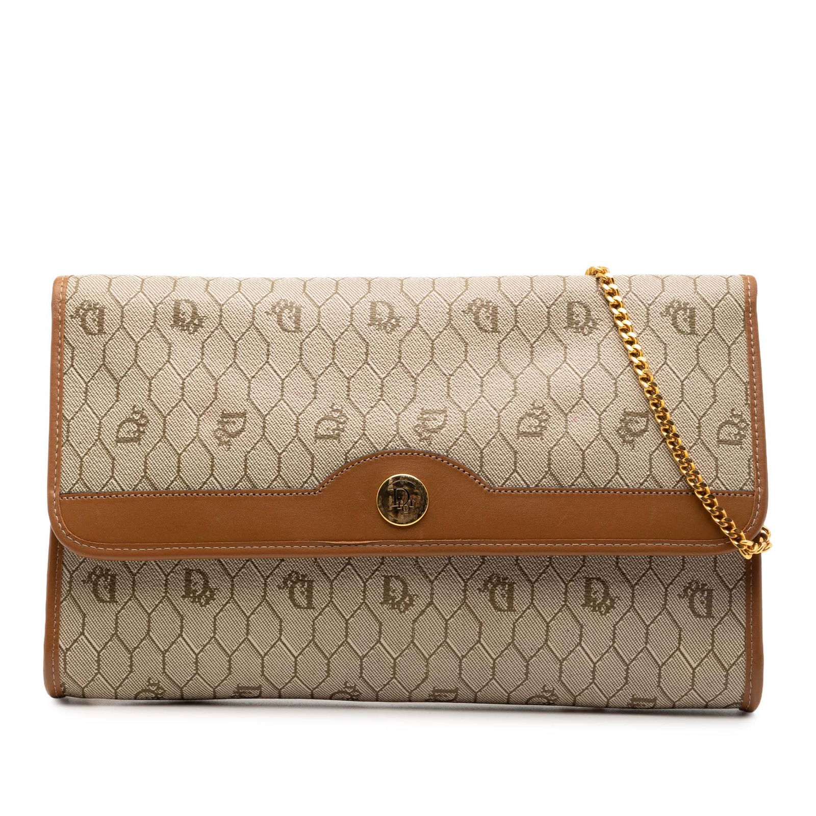 Dior Brown Honeycomb Canvas Shoulder Bag with Chain Strap: Dior Brown Honeycomb Canvas Shoulder Bag with Chain Strap This Dior Honeycomb shoulder bag features a coated canvas body with leather trim in brown, complemented by a gold-toned chain shoulder strap.