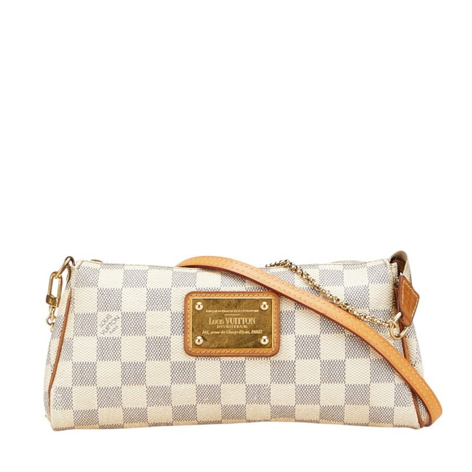 Eva canvas shoulder bag by Louis Vuitton in white: Eva canvas shoulder bag by Louis Vuitton in white The Louis Vuitton Eva handbag features a white canvas exterior with a classic design. This women's bag is crafted in France and shows signs of use, in