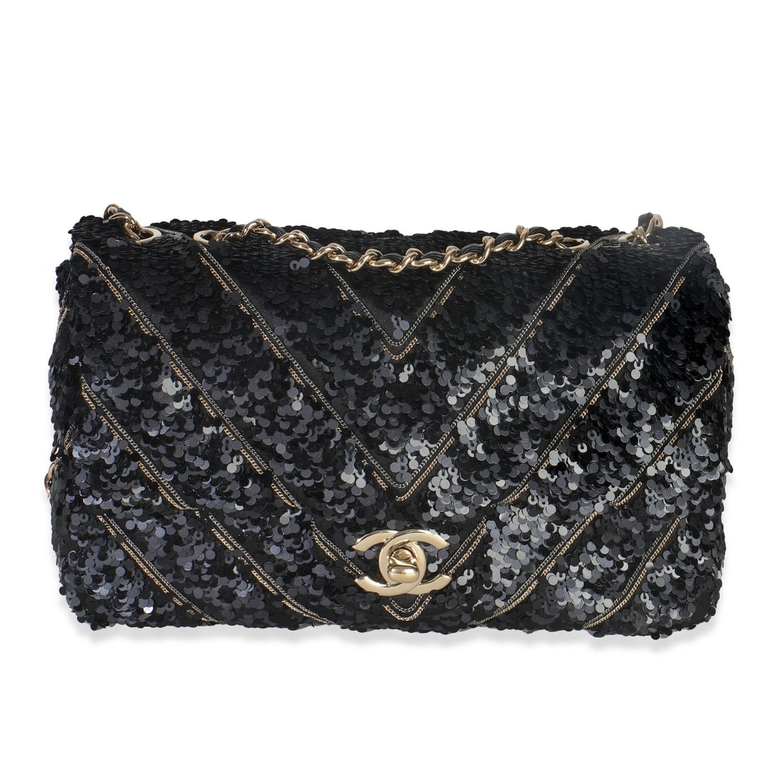 Chanel Mini Chevron Flap Bag Black Silk Sequin Chain Accent (1 of 9)