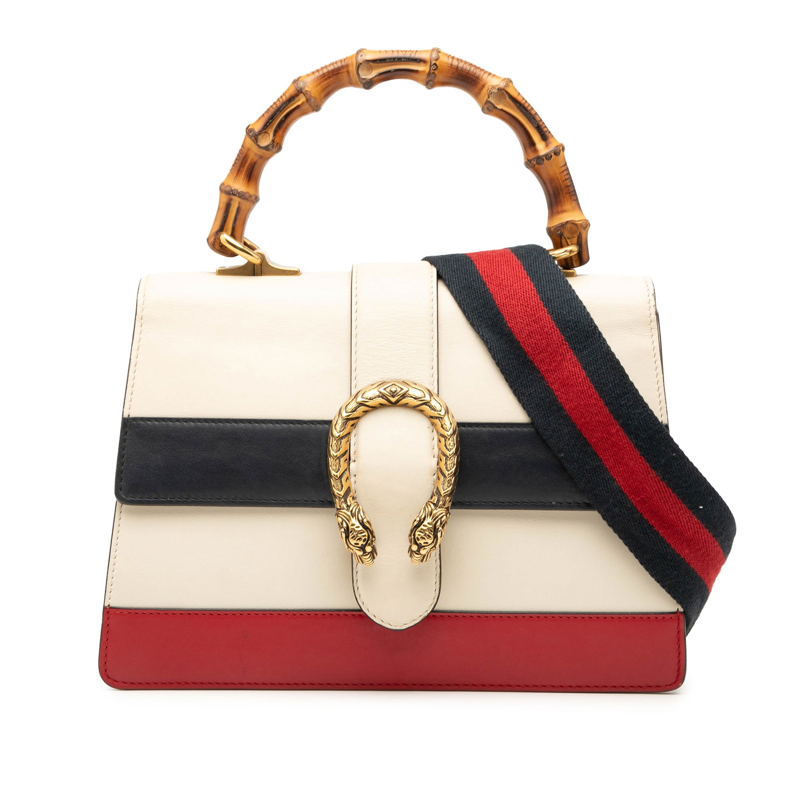 White Leather Dionysus Satchel with Bamboo Handle and Web by Gucci: White Leather Dionysus Satchel with Bamboo Handle and Web by Gucci This Gucci Medium Leather Bamboo Dionysus Web Satchel features a white leather body with a bamboo top handle and a detachable flat st