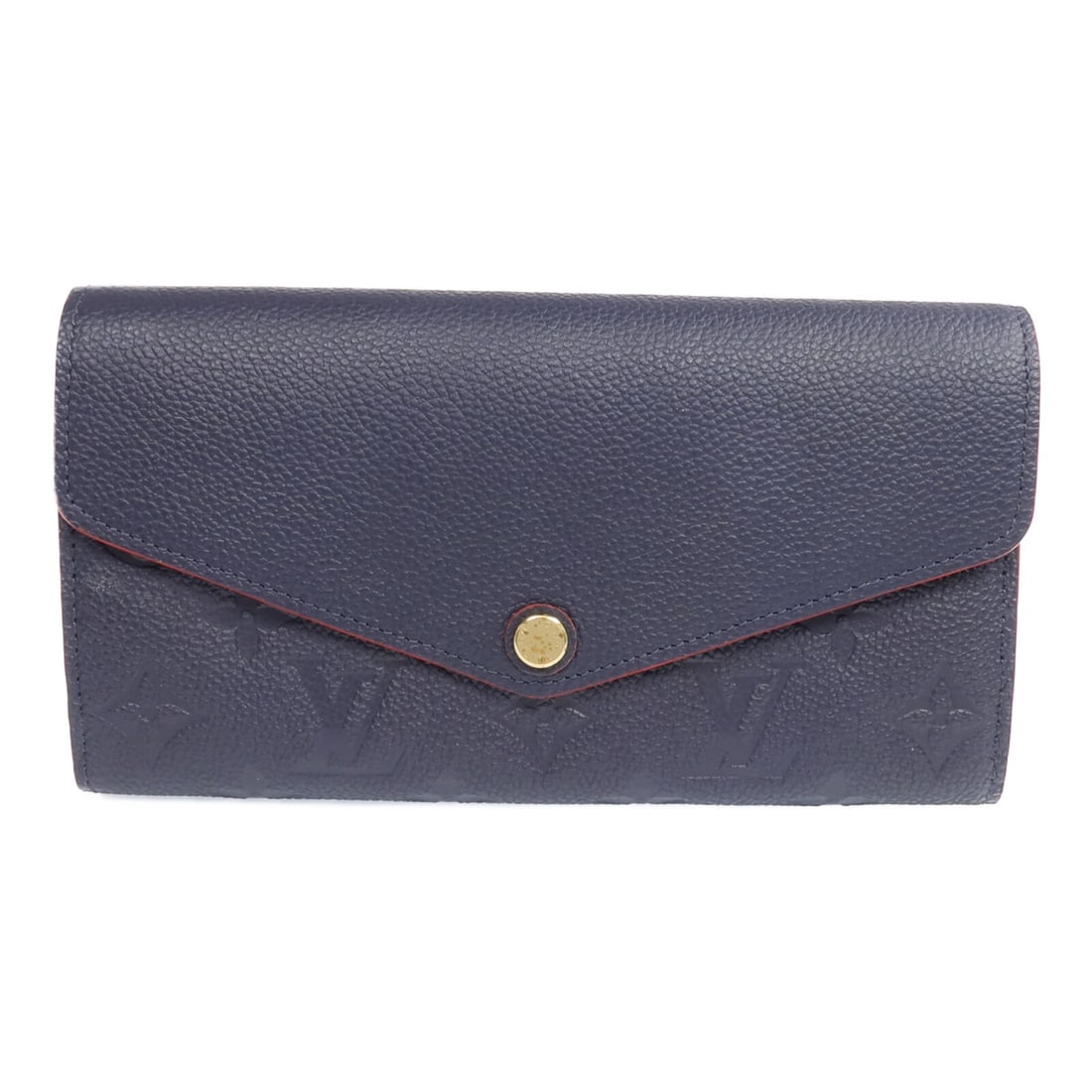 Sarah Bifold Wallet in Navy Monogram Empreinte Calfskin by Louis Vuitton M62125: Sarah Bifold Wallet in Navy Monogram Empreinte Calfskin by Louis Vuitton M62125 This Louis Vuitton Sarah long wallet features a bifold design and is crafted from calfskin leather in a navy color. The