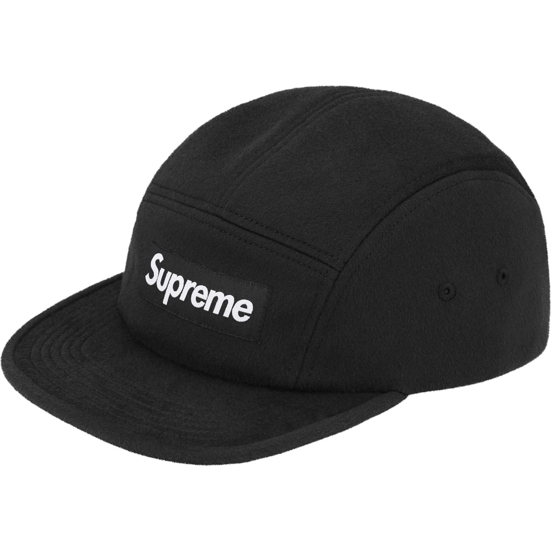 Black Wool Camp Cap by Supreme Five Panel Adjustable Strap: Black Wool Camp Cap by Supreme Five Panel Adjustable Strap The Supreme Wool Black Camp Cap features a classic five-panel design crafted from premium wool, offering a soft yet structured feel. This ver