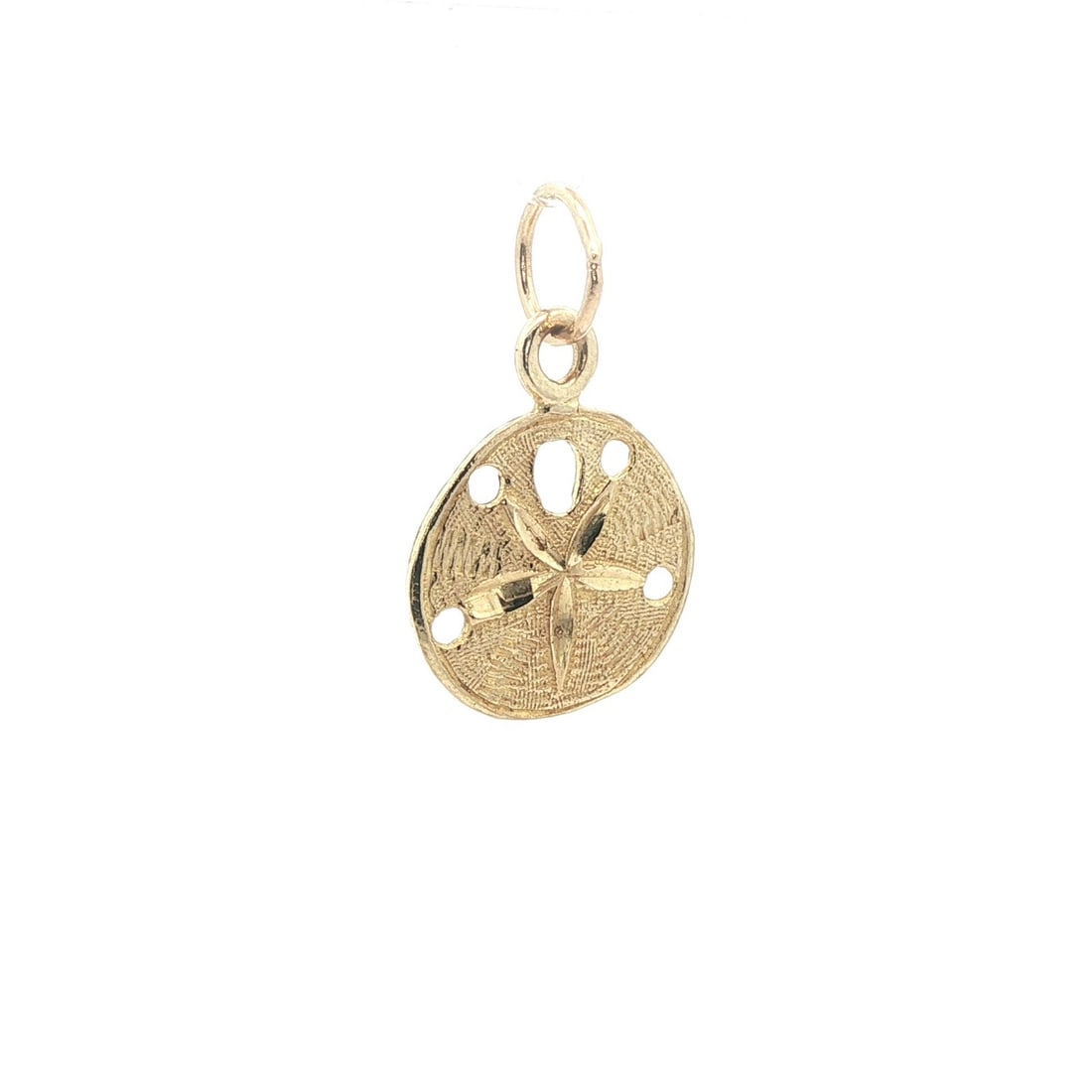 14k Yellow Gold Textured Sand Dollar Star Charm Pendant: 14k Yellow Gold Textured Sand Dollar Star Charm Pendant This exquisite charm pendant features a dainty sand dollar star design crafted from solid 14k yellow gold. It showcases a textured finish, addin