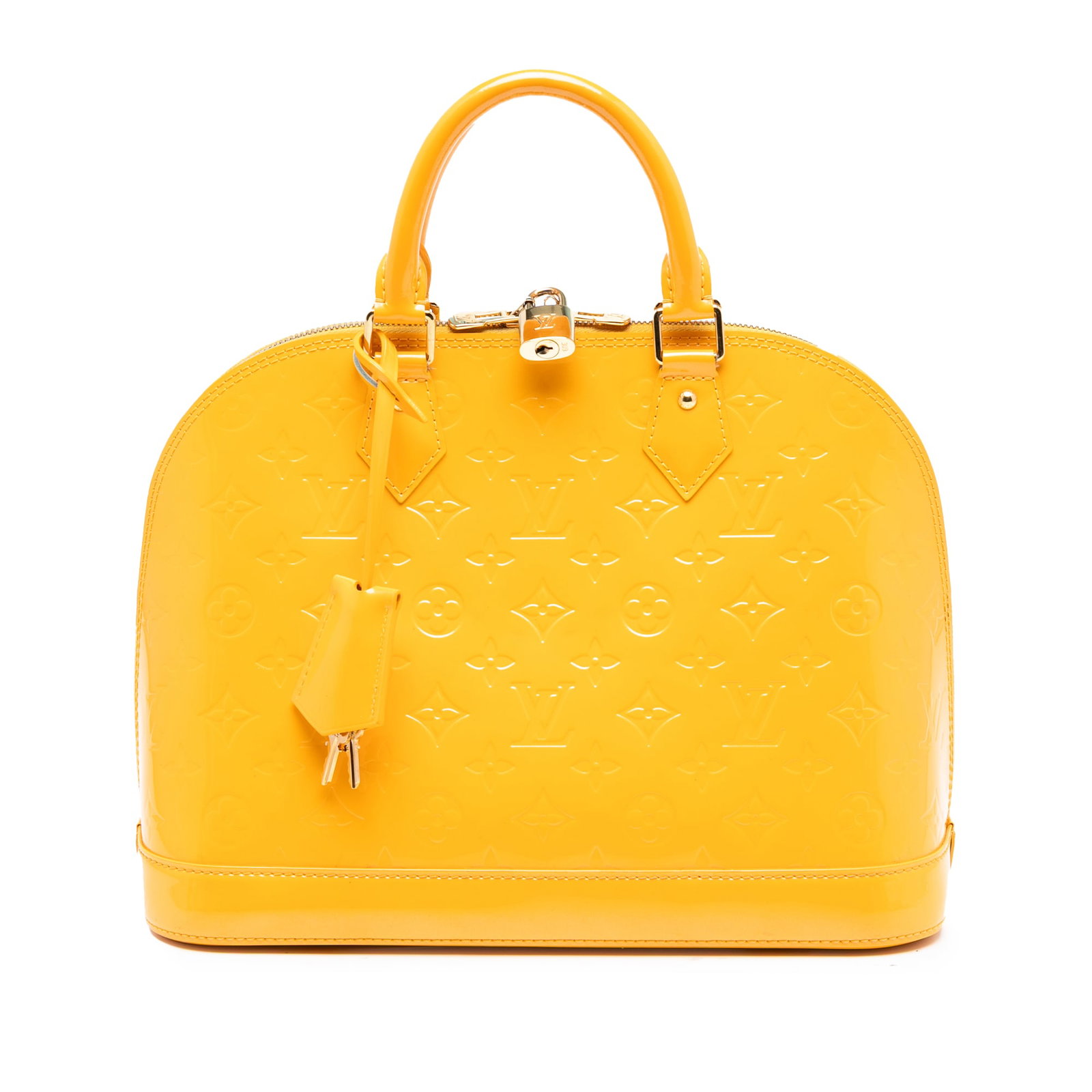 Yellow Vernis Leather Alma PM Bag by Louis Vuitton: Yellow Vernis Leather Alma PM Bag by Louis Vuitton This Louis Vuitton Monogram Vernis Alma PM is crafted from signature monogram vernis leather in yellow and features rolled leather handles, a top zip