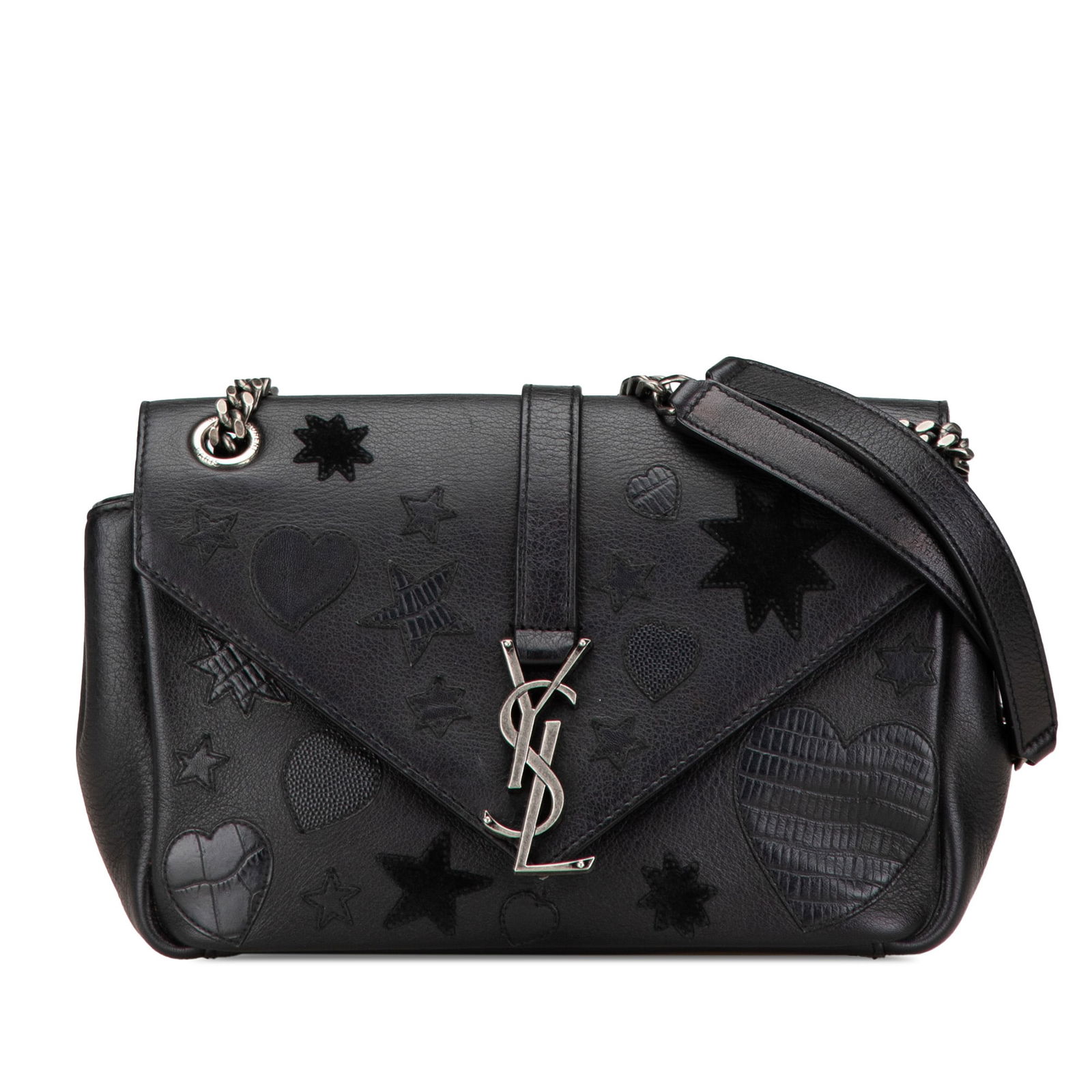 Saint Laurent Black Medium Monogram Heart Patchwork Chain Wallet: Saint Laurent Black Medium Monogram Heart Patchwork Chain Wallet Introducing the Saint Laurent Medium Monogram Heart Patchwork Chain Wallet, a sophisticated accessory crafted in Italy. This stylish wa