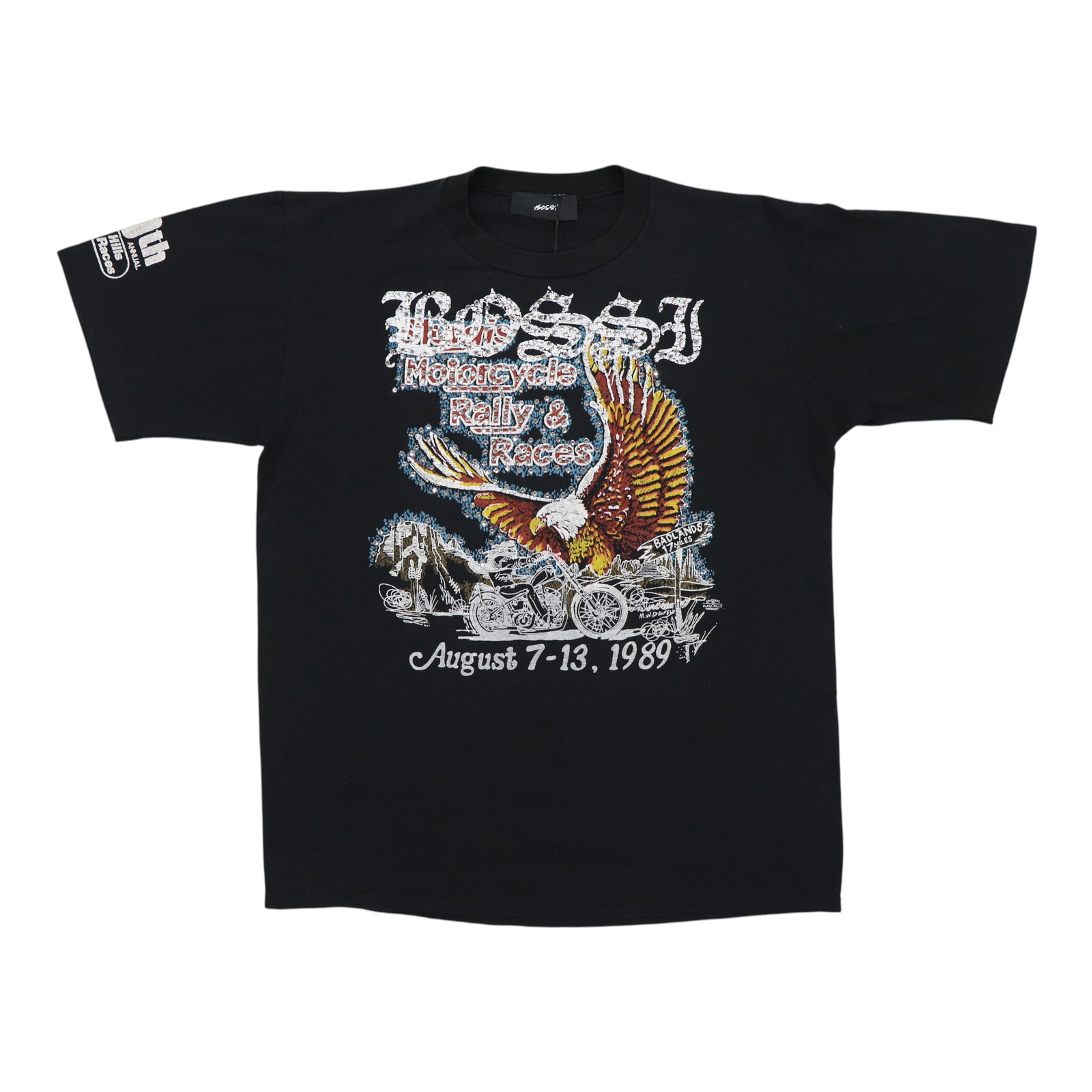 1989 Sturgis Motorcycle Rally Black XL 50/50 Poly Cotton T Shirt: 1989 Sturgis Motorcycle Rally Black XL 50/50 Poly Cotton T Shirt This is a Bossi Sturgis Motorcycle Rally & Races 1989 shirt from the 1980s. It features a black color and is made from a 50/50 poly/cot