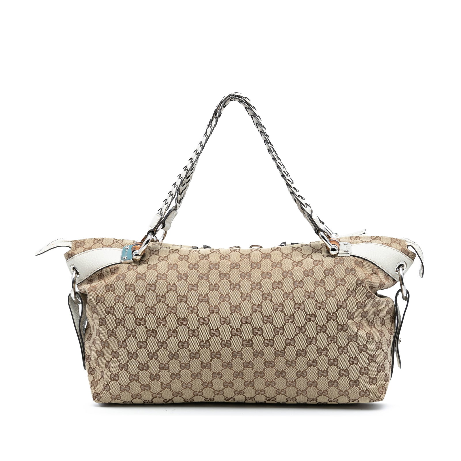 Brown Canvas Gucci Bamboo Bar Tote with Braided Leather Handles: Brown Canvas Gucci Bamboo Bar Tote with Braided Leather Handles This Gucci Medium GG Canvas Bamboo Bar Tote features a canvas body with leather trim, braided leather straps, a top zip closure, and bot