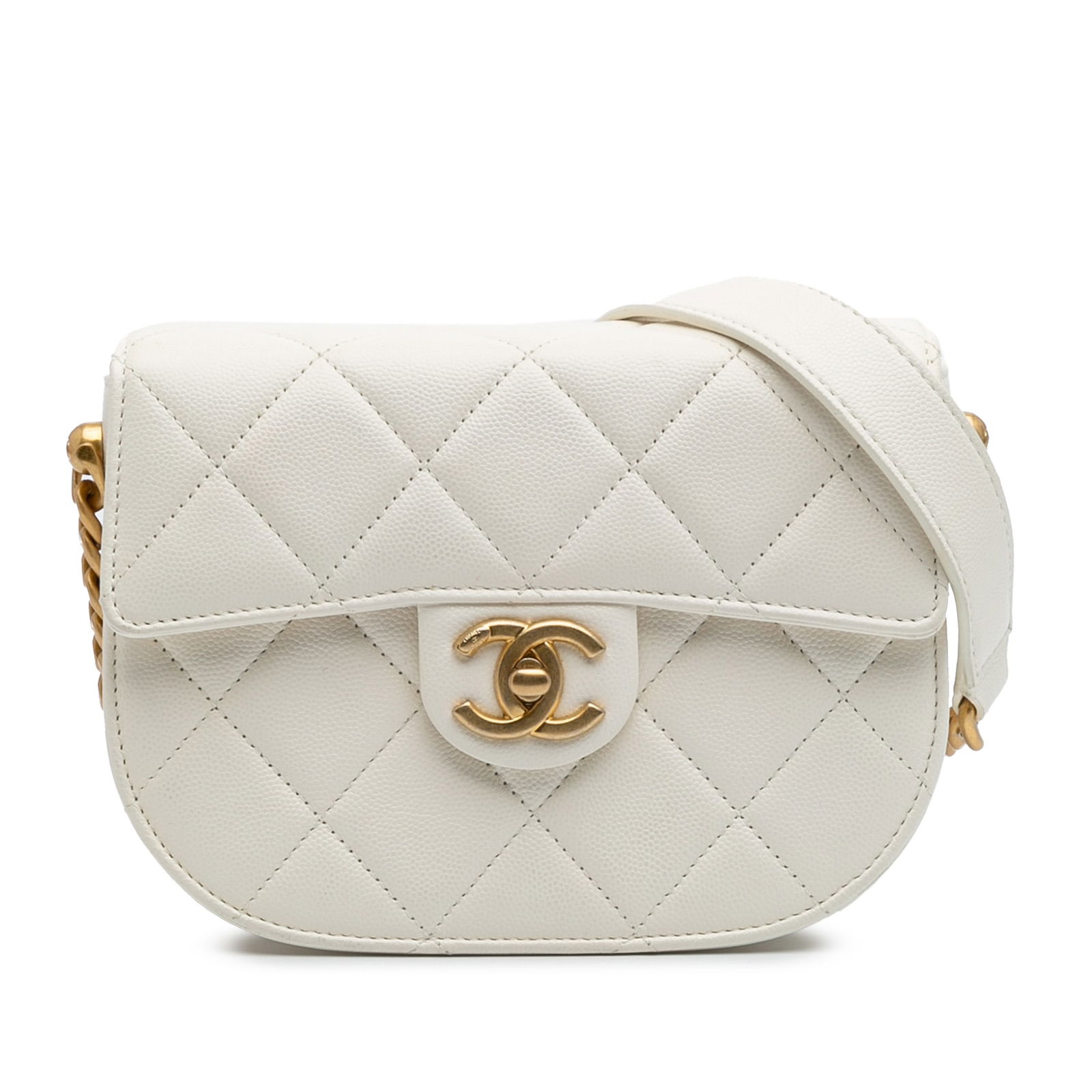 Chanel CC Quilted Lambskin White Round Moon Messenger Bag: Chanel CC Quilted Lambskin White Round Moon Messenger Bag This elegant Chanel crossbody bag showcases a stunning quilted lambskin leather construction in a classic white tone. Designed with a signatur