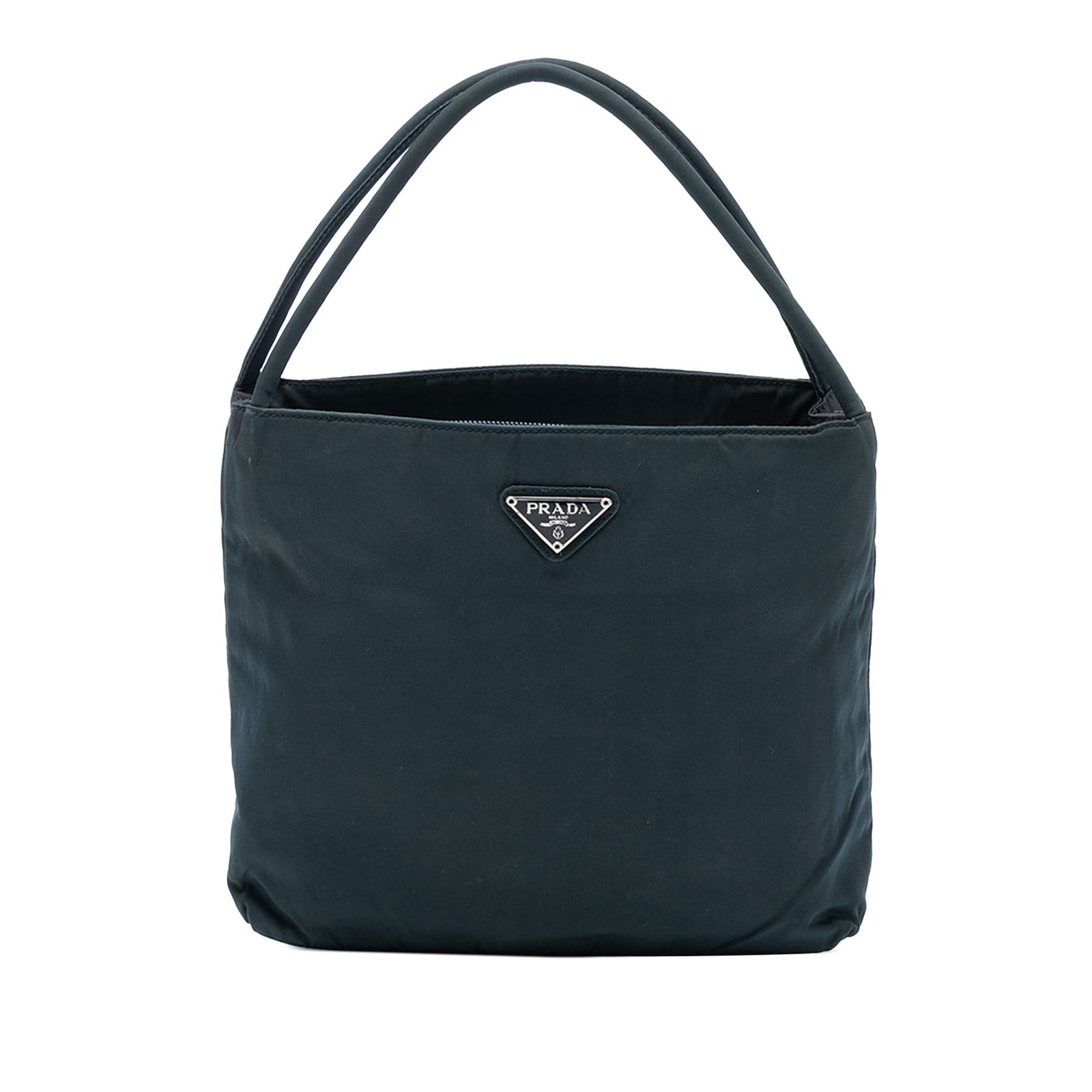 Green Prada Tessuto Nylon Tote Bag with Interior Zip Pocket: Green Prada Tessuto Nylon Tote Bag with Interior Zip Pocket This Prada Tessuto Tote features a green nylon fabric body with rolled straps and an open top design. The interior includes a zip compartmen
