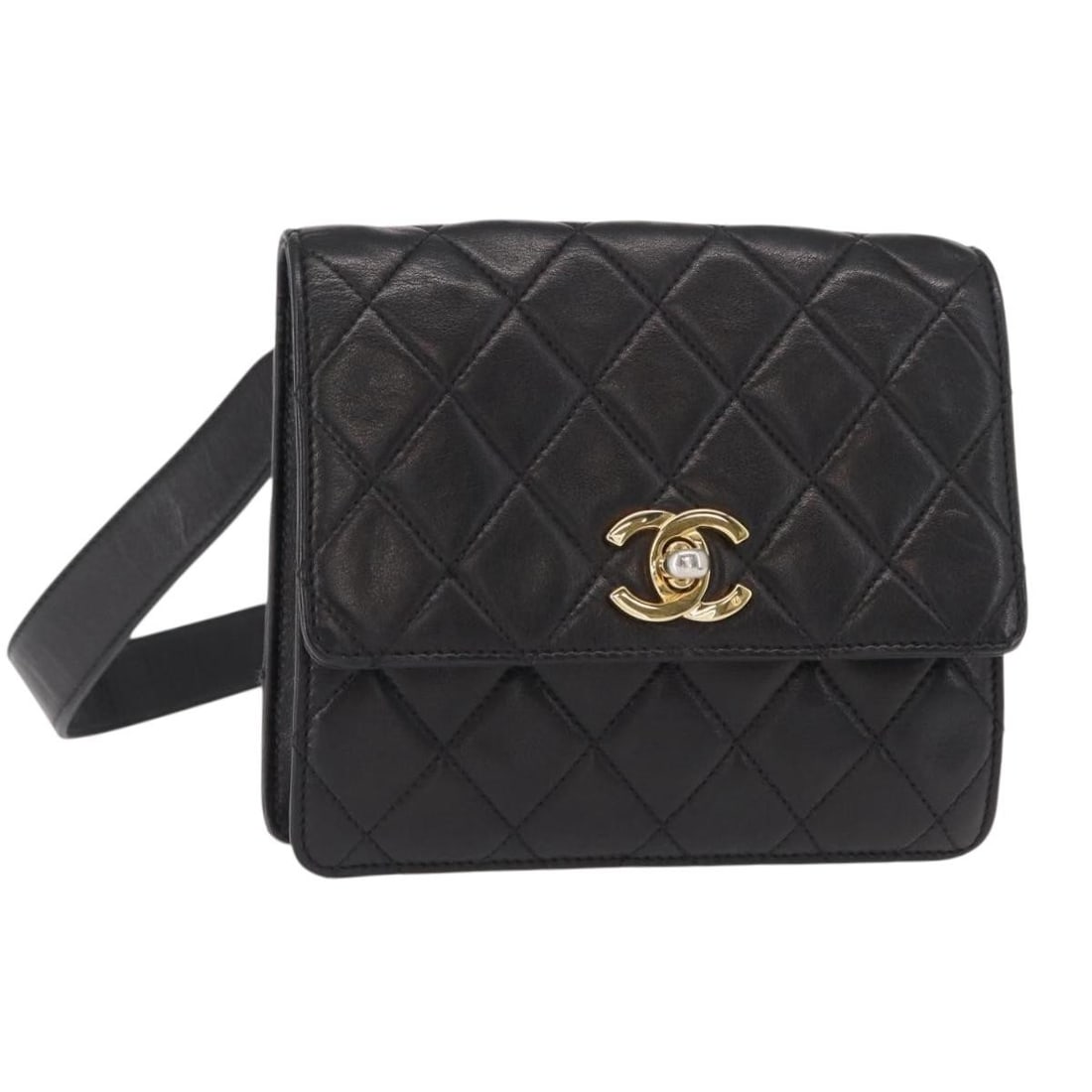 CHANEL Matelasse Black Gold Lambskin Waist Bag Authentic: CHANEL Matelasse Black Gold Lambskin Waist Bag Authentic This elegant CHANEL Matelasse Waist Bag is crafted from luxurious lambskin leather in a striking black and gold color combination. The bag feat