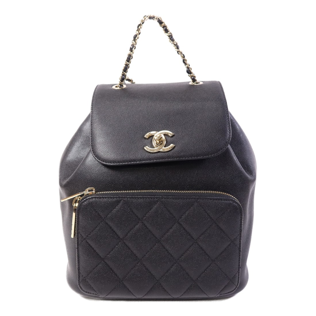 Chanel Black Calfskin Rucksack Backpack with Gold Tone CC Chain: Chanel Black Calfskin Rucksack Backpack with Gold Tone CC Chain This CHANEL rucksack backpack features a classic black calfskin leather exterior with a structured silhouette and chain detailing. Manuf