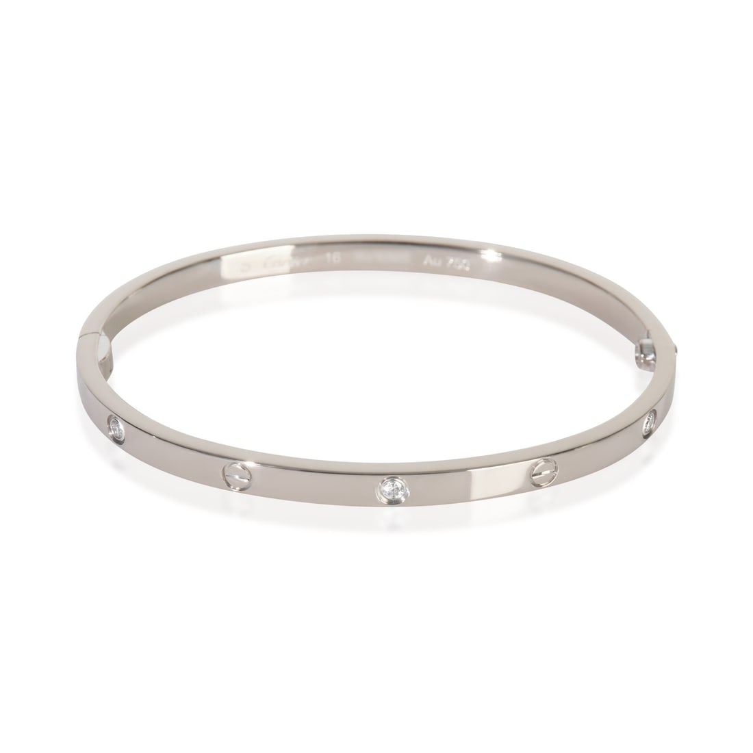 Cartier 18k White Gold Diamond Love Bracelet with Box and Papers: Cartier 18k White Gold Diamond Love Bracelet with Box and Papers This exquisite Cartier bracelet from the Small Model Love collection is crafted from luxurious 18k white gold and features a stunning r