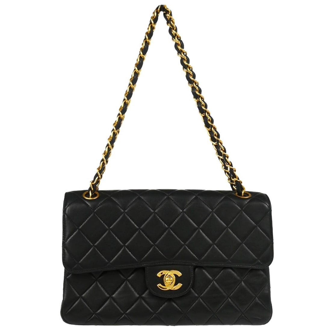 Chanel Black Lambskin Double Sided Classic Flap Bag: Chanel Black Lambskin Double Sided Classic Flap Bag This Chanel Black Lambskin Double Sided Classic Flap Shoulder Bag is a stylish accessory perfect for casual occasions. Crafted from luxurious lambsk