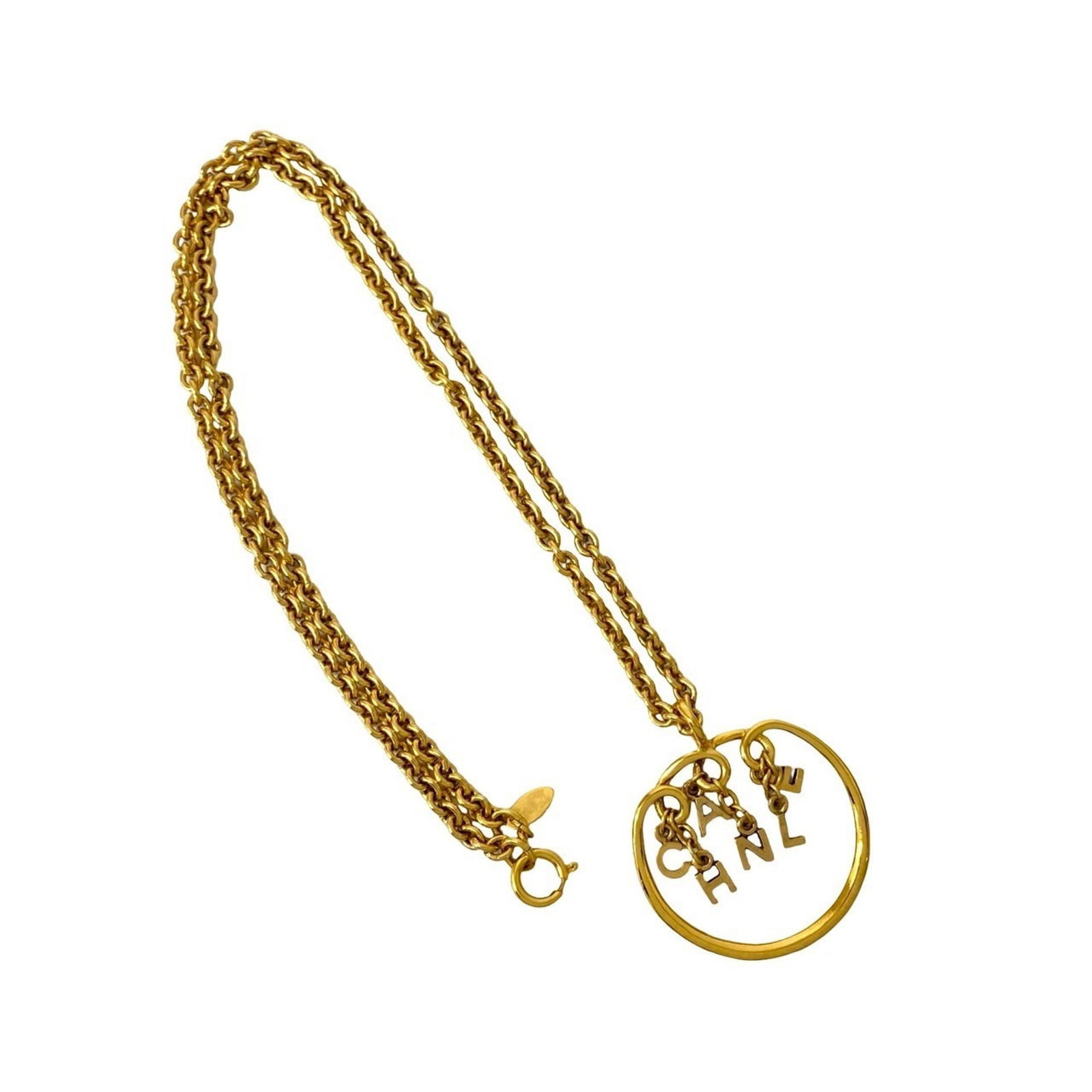 Gold Plated Necklace with Large Pendant by Chanel: Gold Plated Necklace with Large Pendant by Chanel This Chanel gold plated necklace features a pendant measuring 45mm by 50mm and a neck circumference of 70 cm. Designed for women, it comes in a gold c
