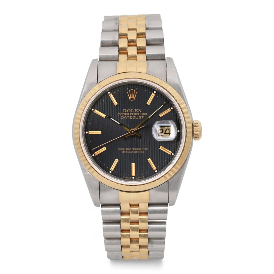 Rolex Datejust 36mm Automatic Gold Steel Black Tapestry Dial Watch 16233: Rolex Datejust 36mm Automatic Gold Steel Black Tapestry Dial Watch 16233 This Rolex Datejust wristwatch is a stunning luxury timepiece crafted in Switzerland, featuring an elegant 36mm case made of st