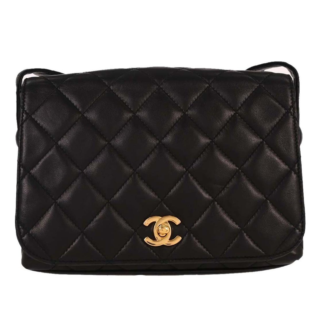 Black Calfskin Medium Shoulder Bag by Chanel with Turn Lock Closure: Black Calfskin Medium Shoulder Bag by Chanel with Turn Lock Closure This Chanel shoulder bag features black lambskin exterior with a classic turn lock closure. Designed in a medium size, it comes with