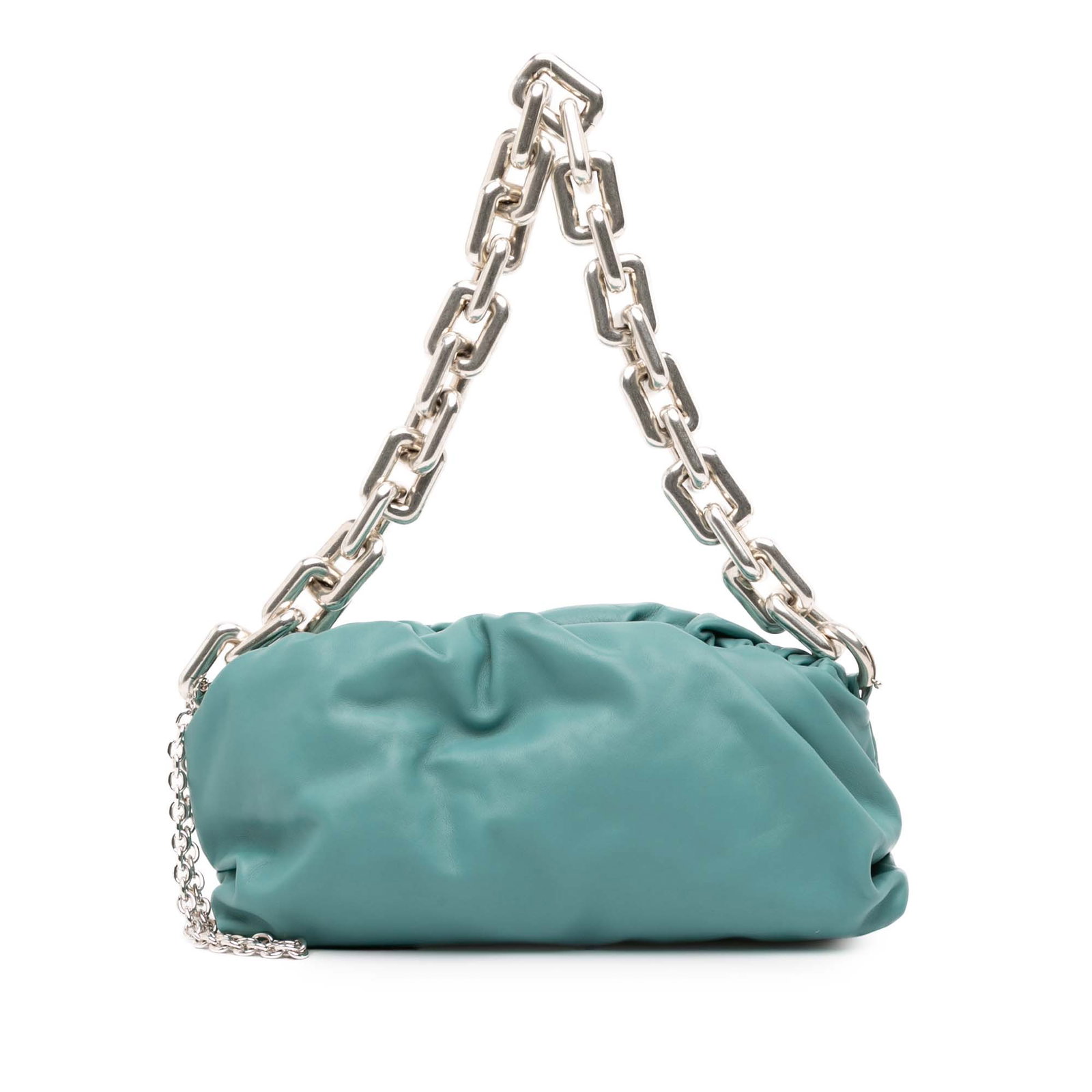 Bottega Veneta Blue Lambskin Chain Pouch with Silver Chain Strap: Bottega Veneta Blue Lambskin Chain Pouch with Silver Chain Strap This Bottega Veneta Lambskin Chain Pouch is a stylish and functional accessory crafted from high-quality leather. The pouch features a